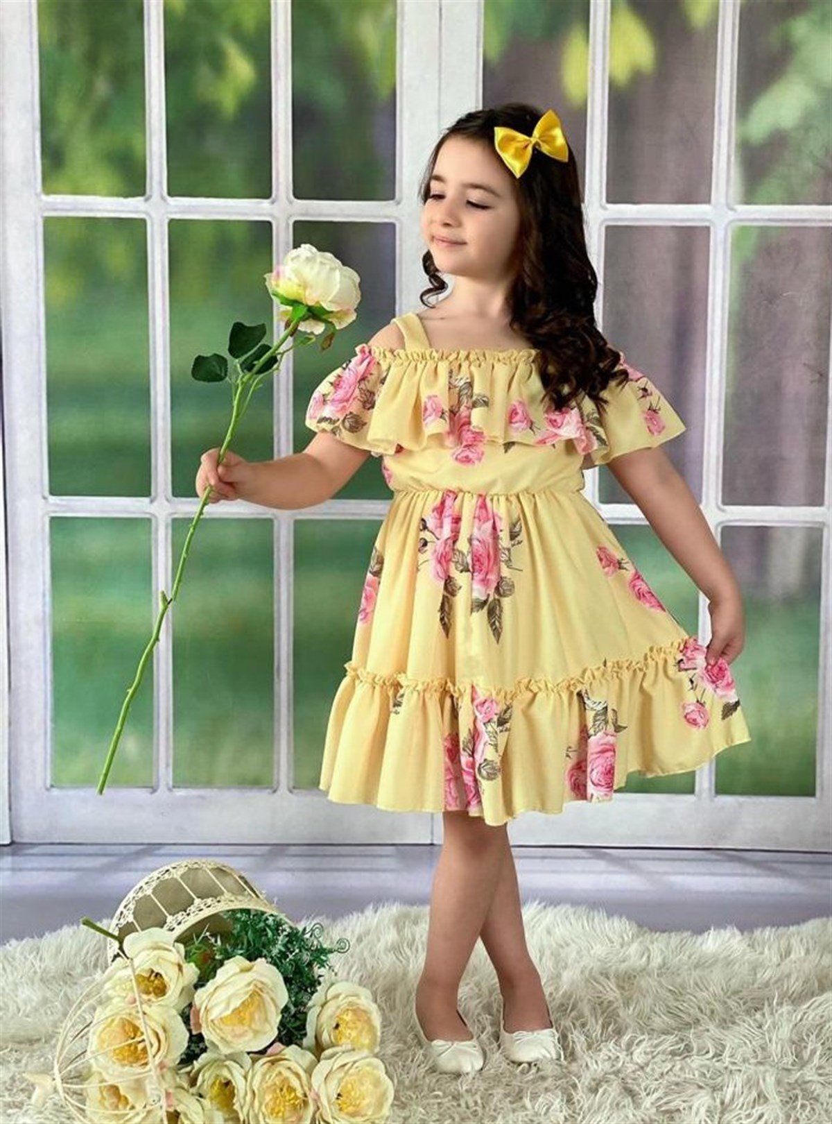 Kız Çocuk Sarı Çiçekli Elbise-Kız Çocuk Elbise-Bebegimindolabinda.com