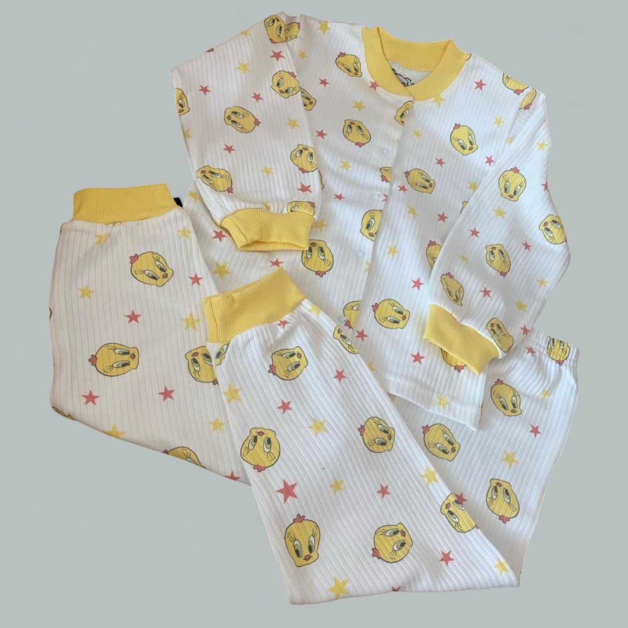 Kız Çocuk Sarı  Civciv Figürlü Pijama Takımı-Kız Çocuk Alt Üst Takım-Bebegimindolabinda.com