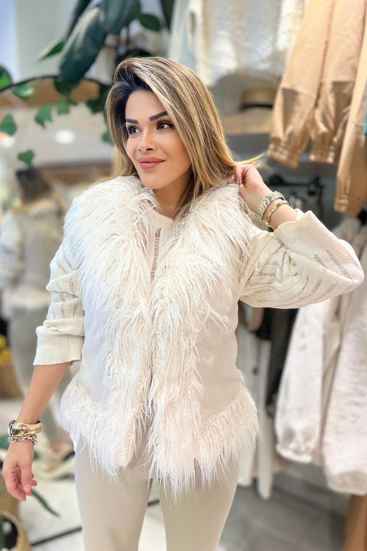 Eswomes Yak Ve Kenarları Tüylü Yelek TAŞ