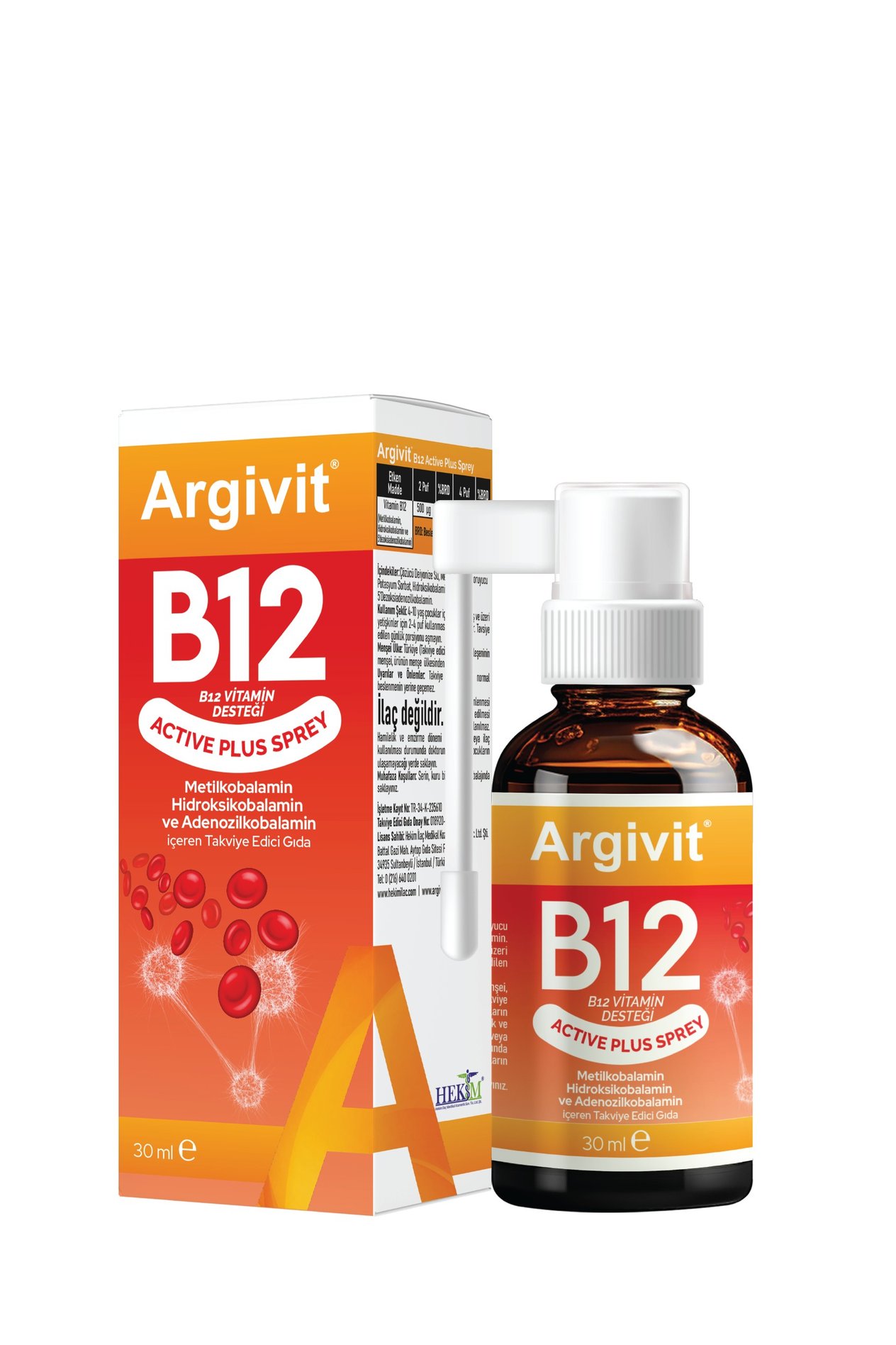 Argivit Active Plus B12 Vitamin 3'lü Paket (Metilkobalamin, Hidroksikobalamin ve Adenozilkobalamin) Sprey 30 ml