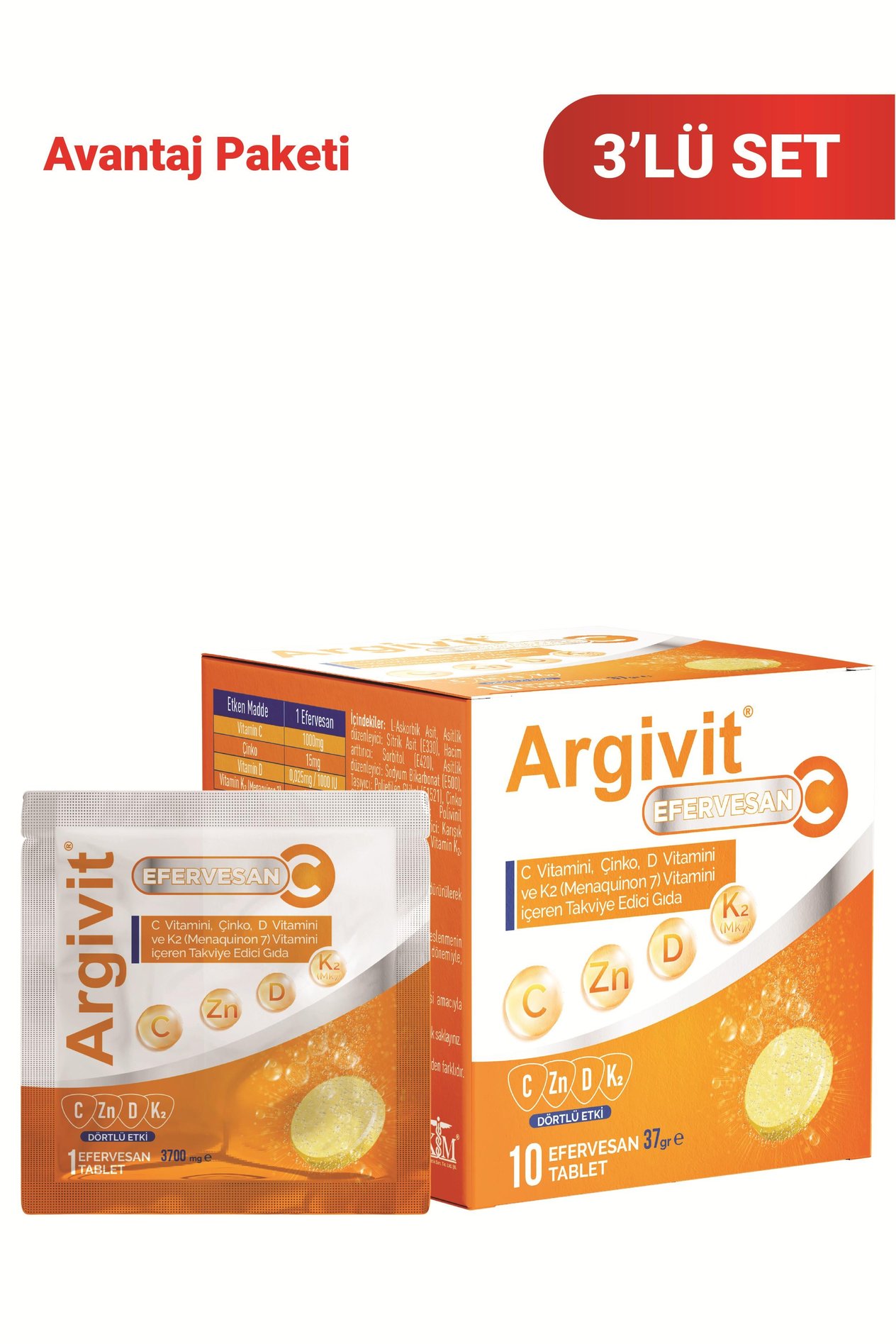 Argivit Efervesan C 3’lü Paket C Vitamini, Çinko, D Vitamini ve K2 Vitamini (Menaquinon 7) İçeren 10 Saşe