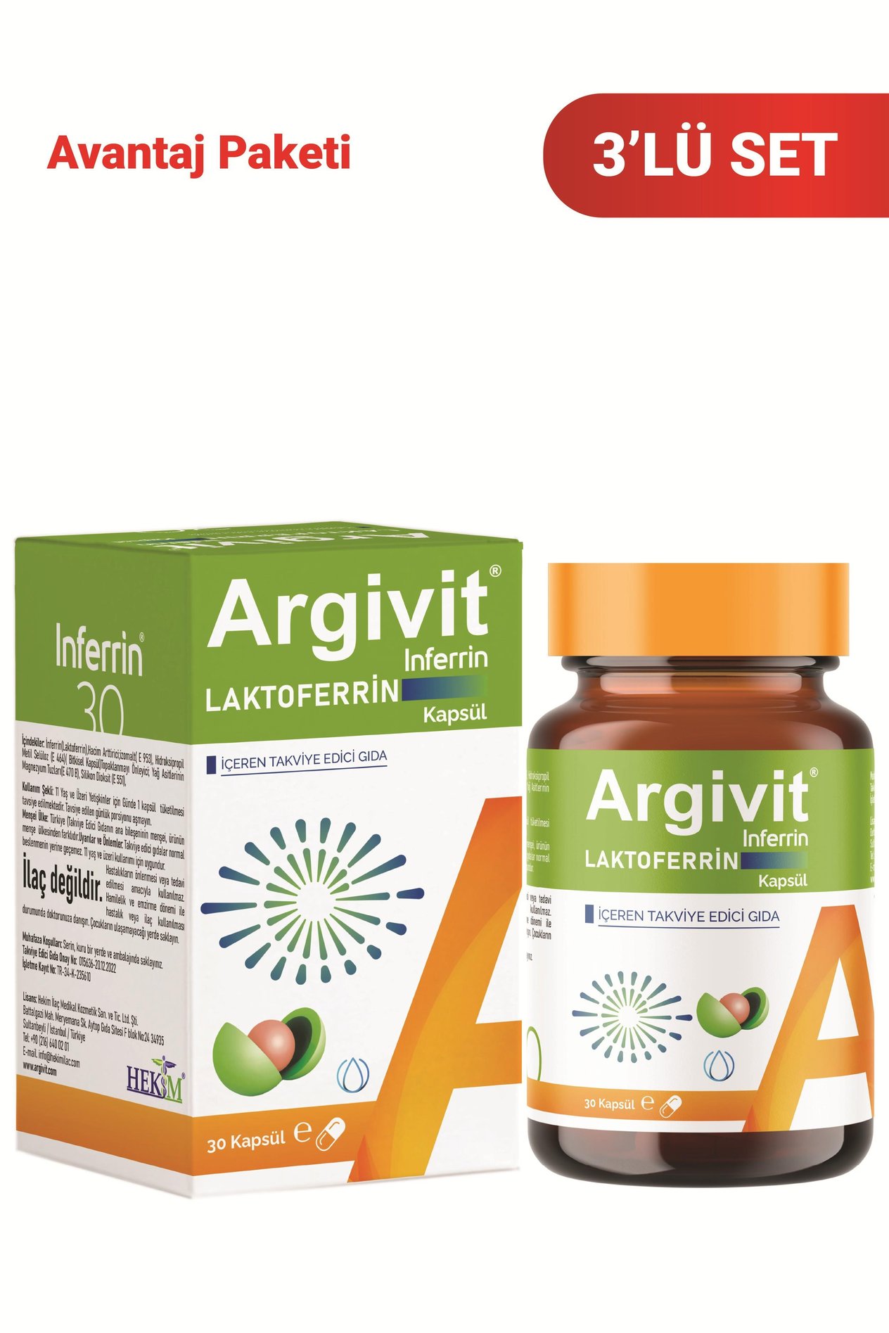 Argivit İnferrin Laktoferrin İçeren Takviye Edici Gıda 30 Kapsül 3'lü Paket
