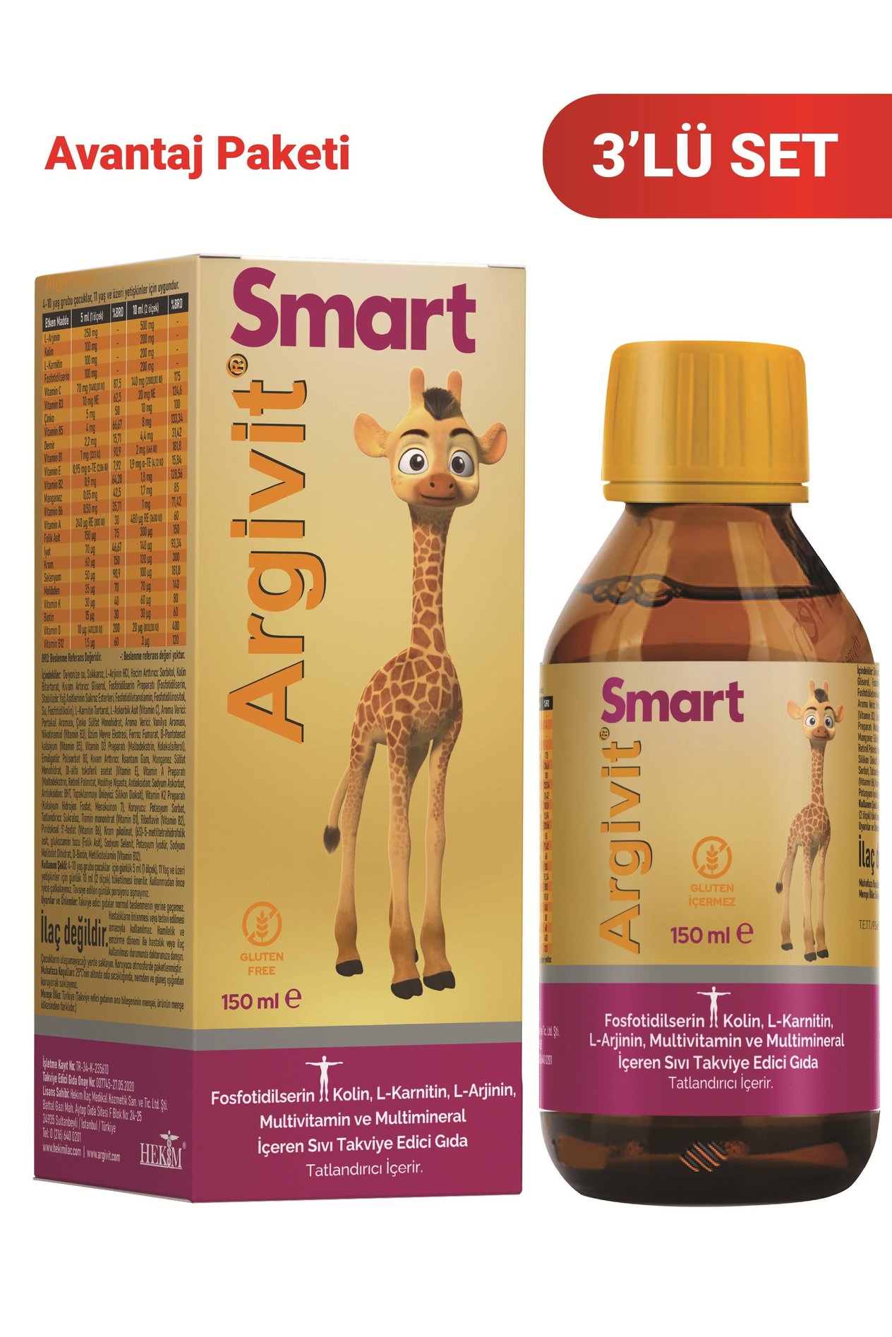 Argivit Smart (Fosfotidilserin, Kolin, L-Karnitin, L-Arjinin, Multivitamin, Multimineral) Şurup 150 ml 3’lü Paket - Portakal ve Vanilya Aromalı