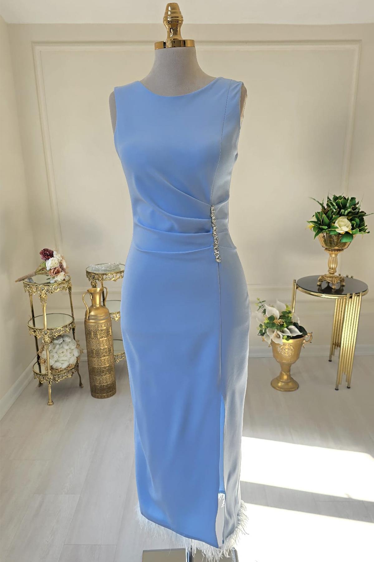 BEBE MAVİSİ BELİ TAŞLI OTRİŞLİ ELBİSE 8276