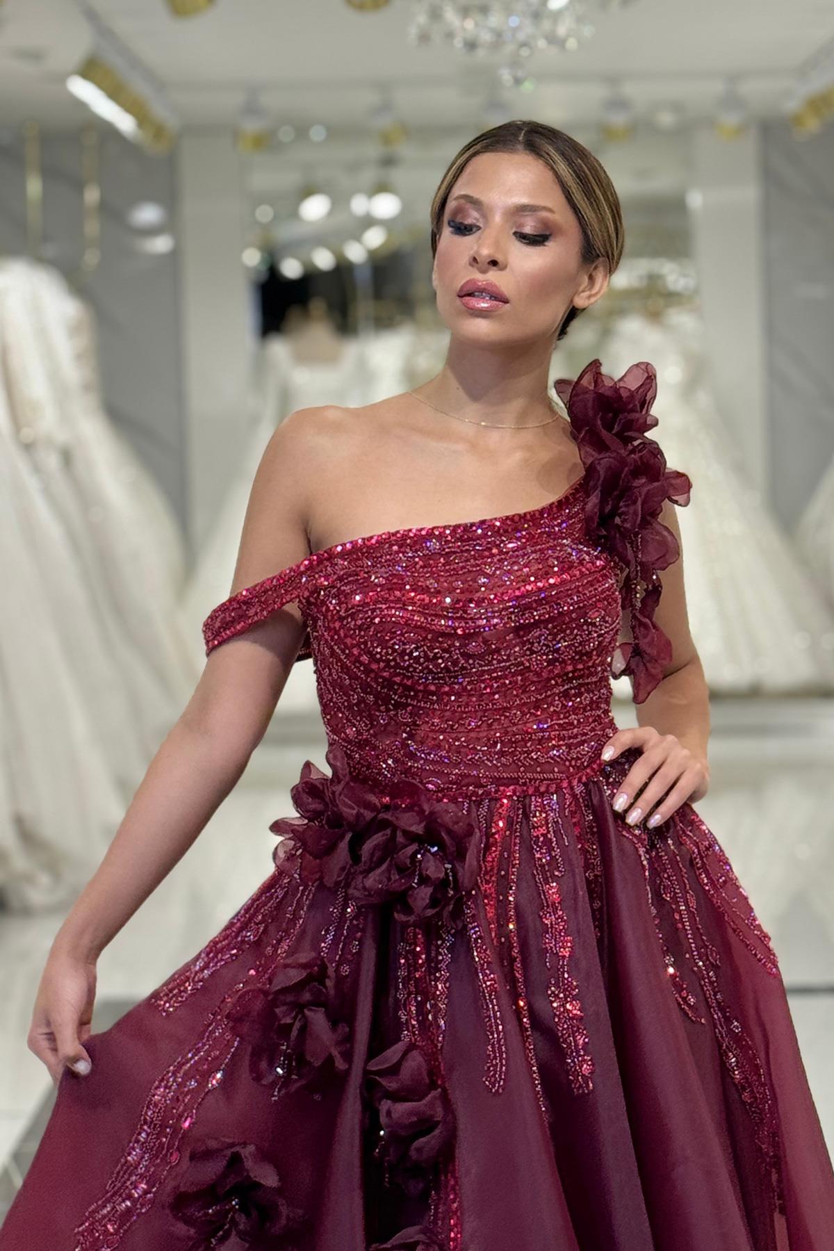 Bordo Asimetrik Yaka Nişanlık 7979