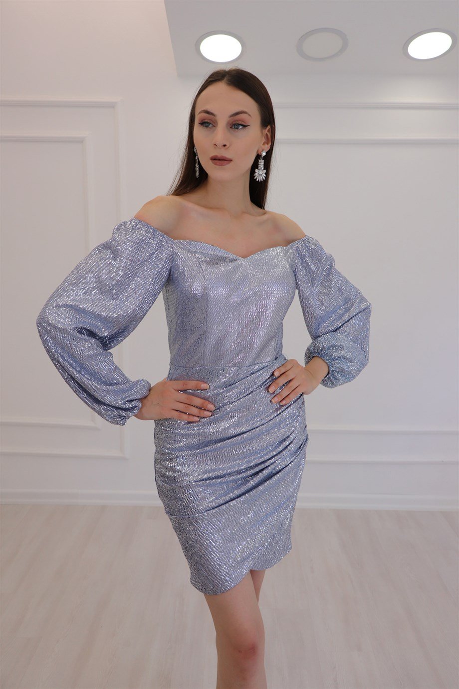 Buz Mavisi Pullu Mini Elbise 1290