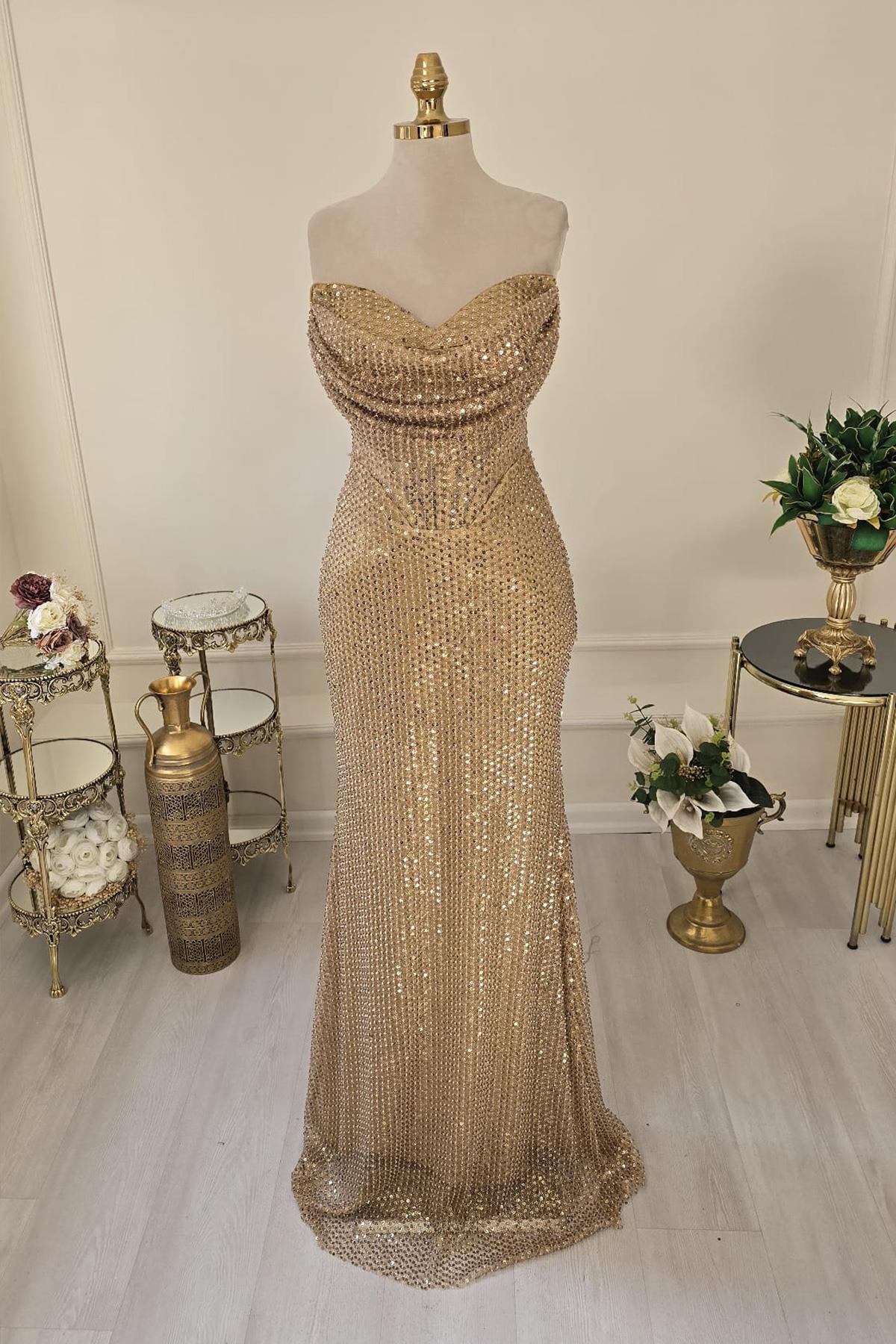 Gold Pullu Abiye 3978