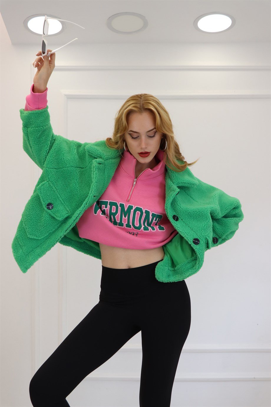 Neon Yeşil Teddy Peluş Mont 6821
