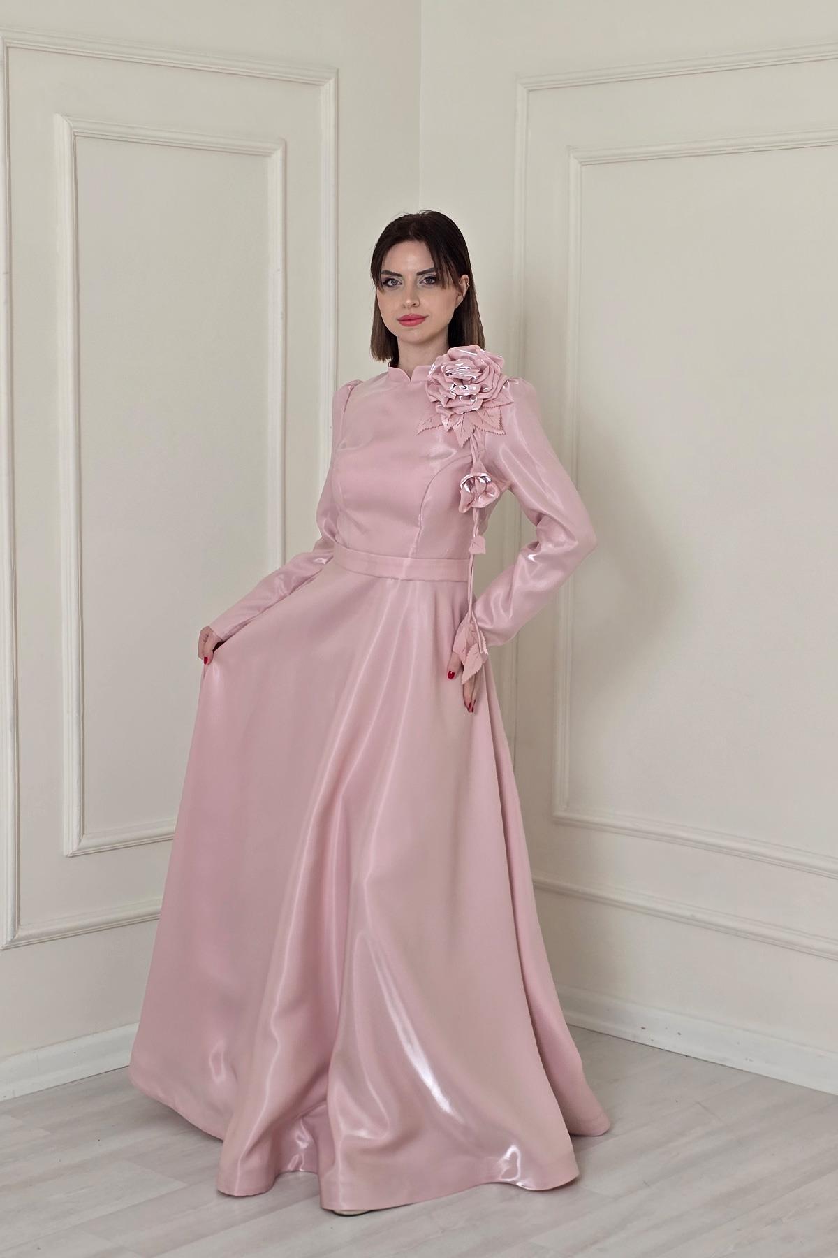 Pudra Yaka Çiçekli Abiye Elbise 5150