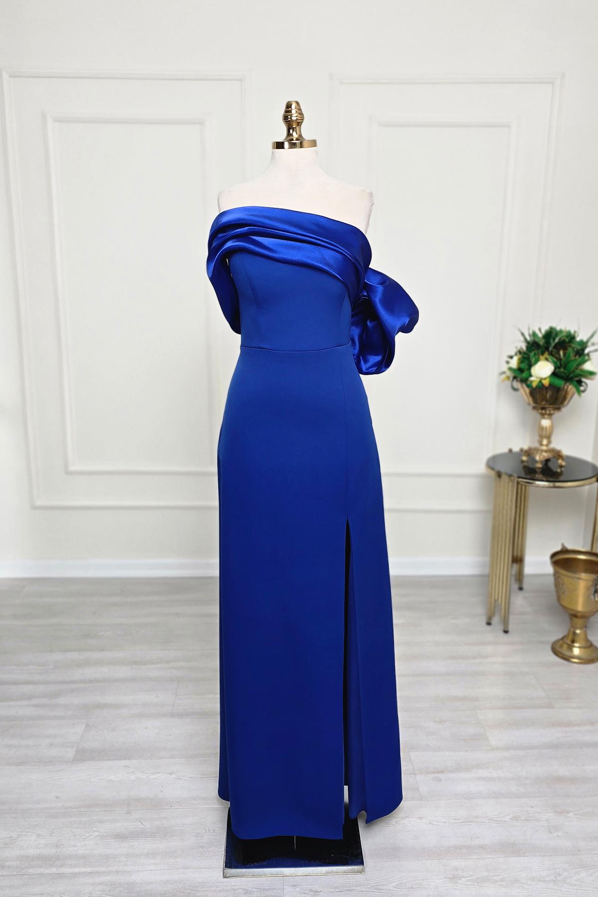Saks Mavi Asimetrik Krep Elbise 6589