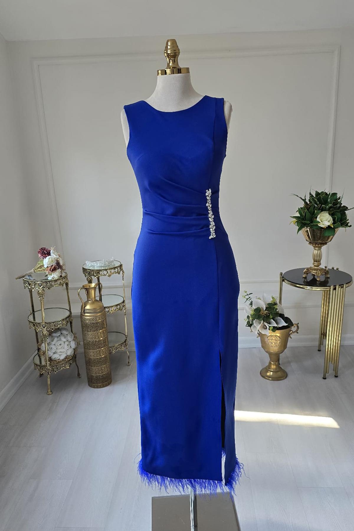 Saks Mavi Beli Taşlı Otrişli Elbise 8276