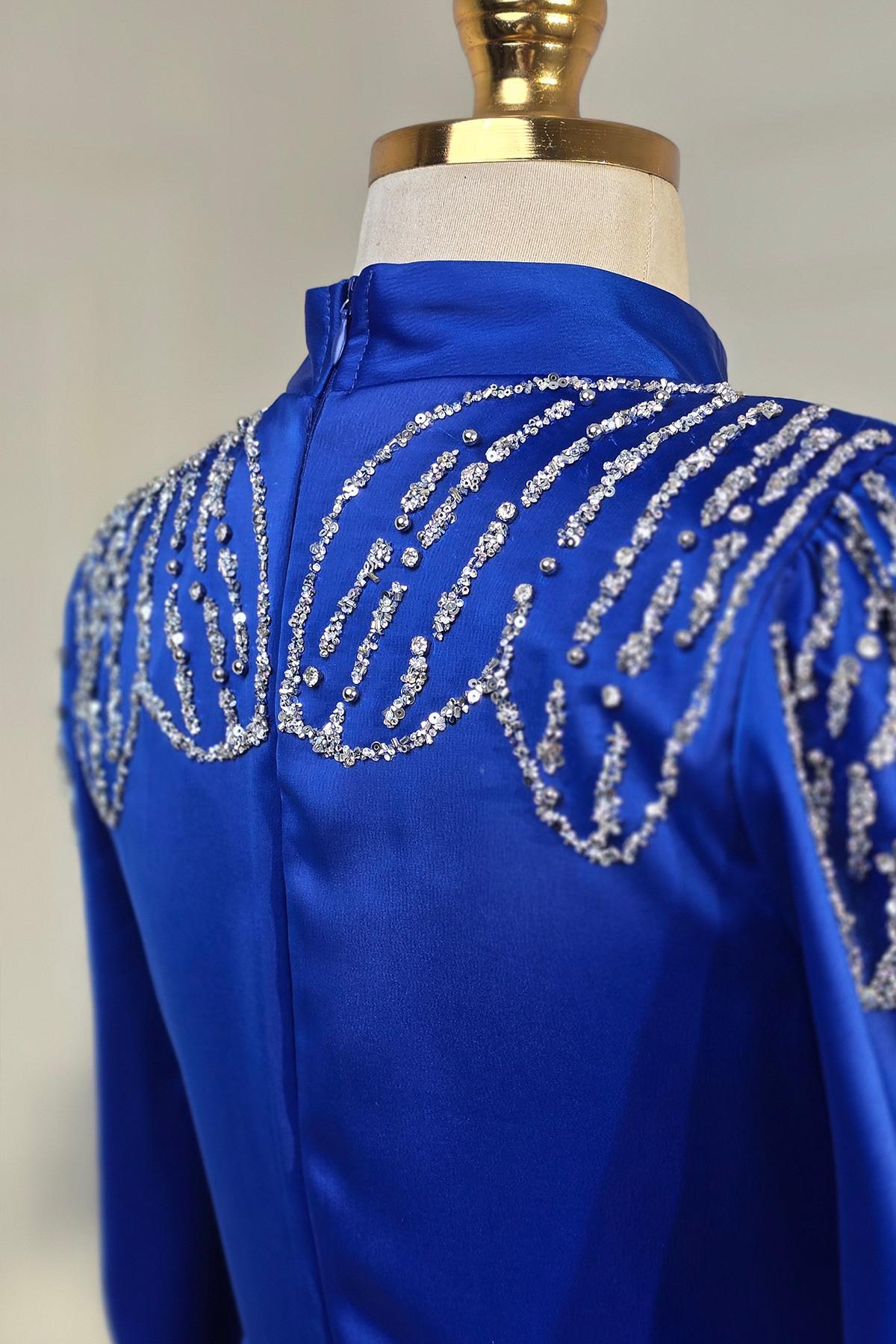 Saks Mavi Saten Çiçek Taşlı Elbise 4617