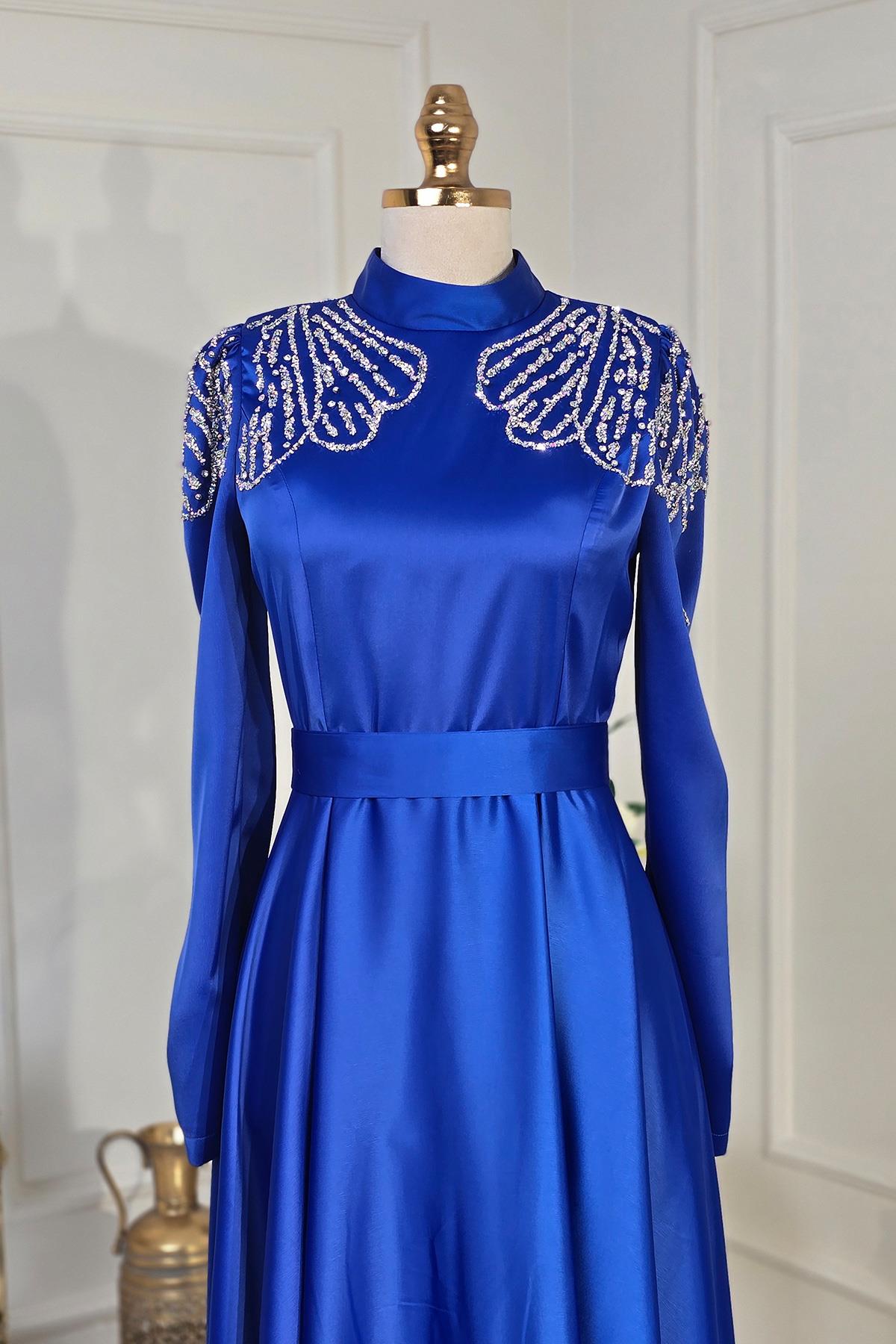 Saks Mavi Saten Çiçek Taşlı Elbise 4617