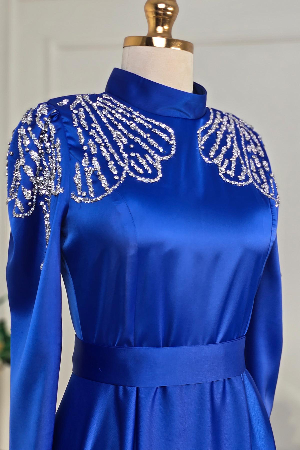Saks Mavi Saten Çiçek Taşlı Elbise 4617