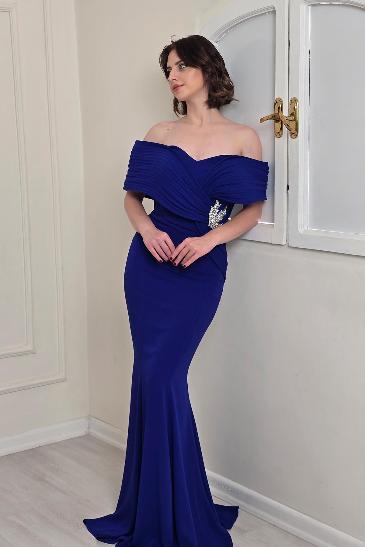 Saks Mavi Yaka Detaylı Abiye 5415