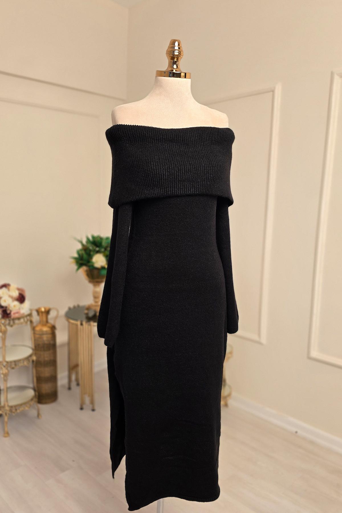 Siyah İpek Madonna Yaka Elbise 5126