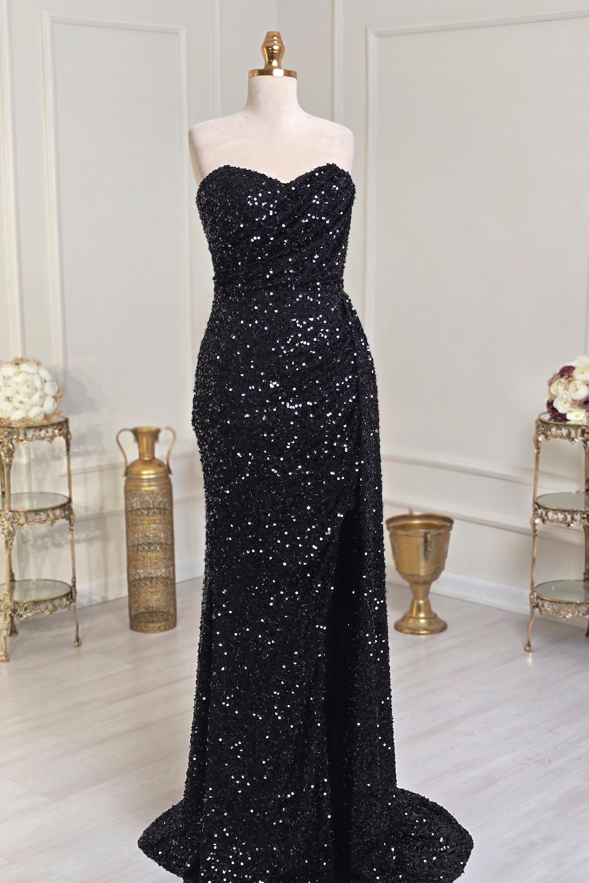 Siyah Pullu Straplez Abiye 5266