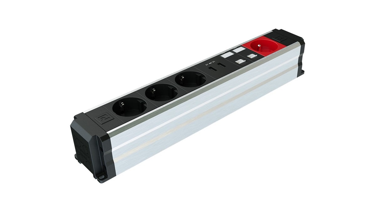 Metalline® Büro-Line Sıva Üstü Bürotik Priz Kutusu USB-UPS-CAT6/3 - Natürel Eloksal