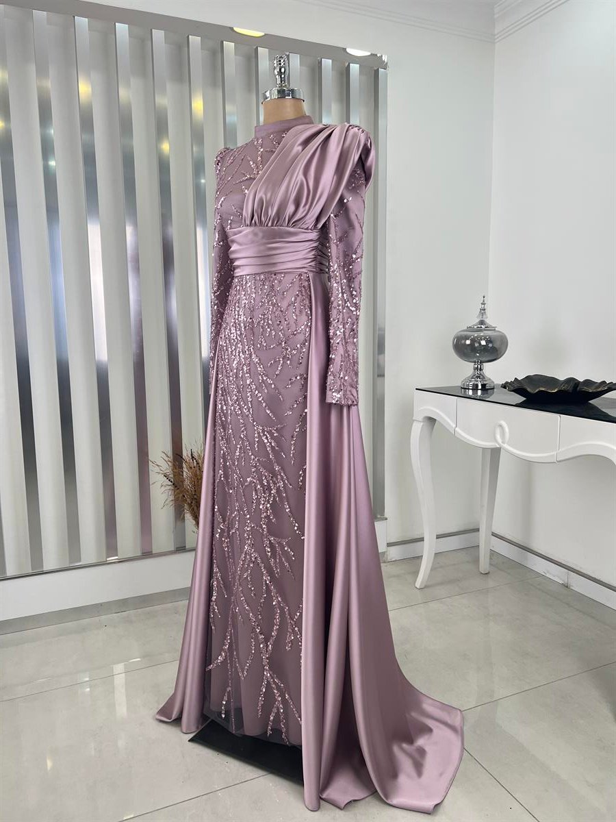 Boncuklu Aplik İşlemeli Drape Detaylı Diana Abiye Lila