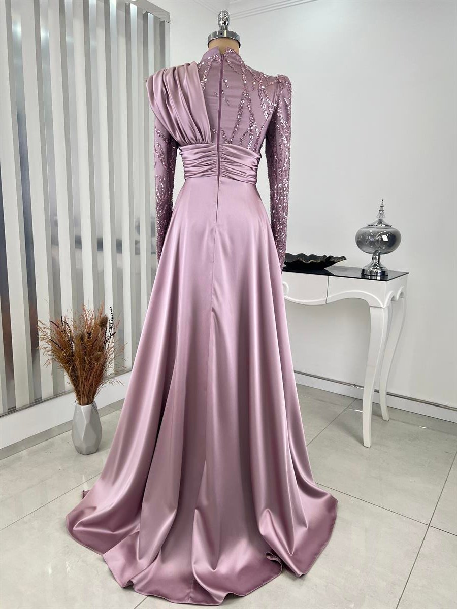 Boncuklu Aplik İşlemeli Drape Detaylı Diana Abiye Lila