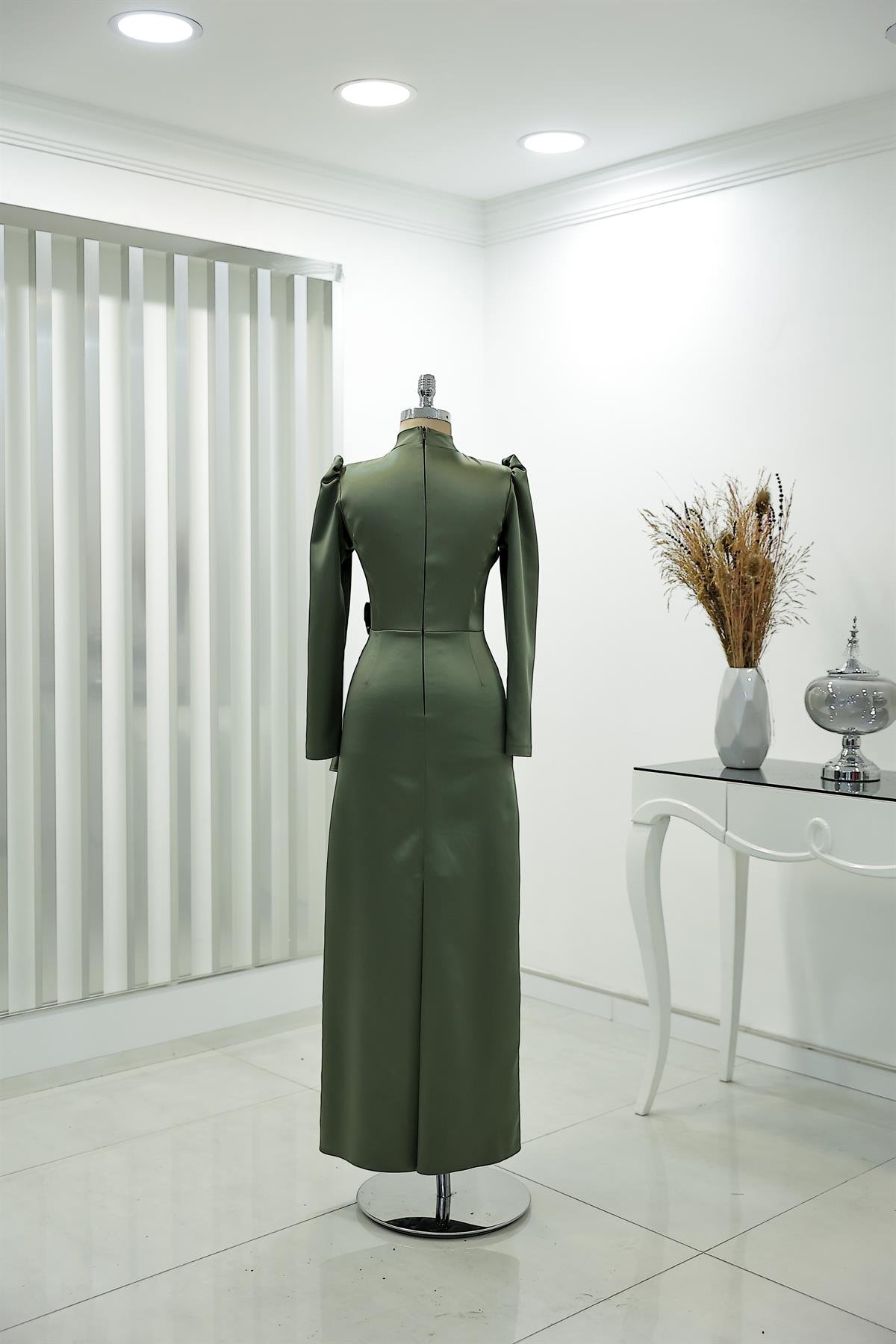 Drape Ve Taş Detaylı Ayşa Kalem Abiye Haki