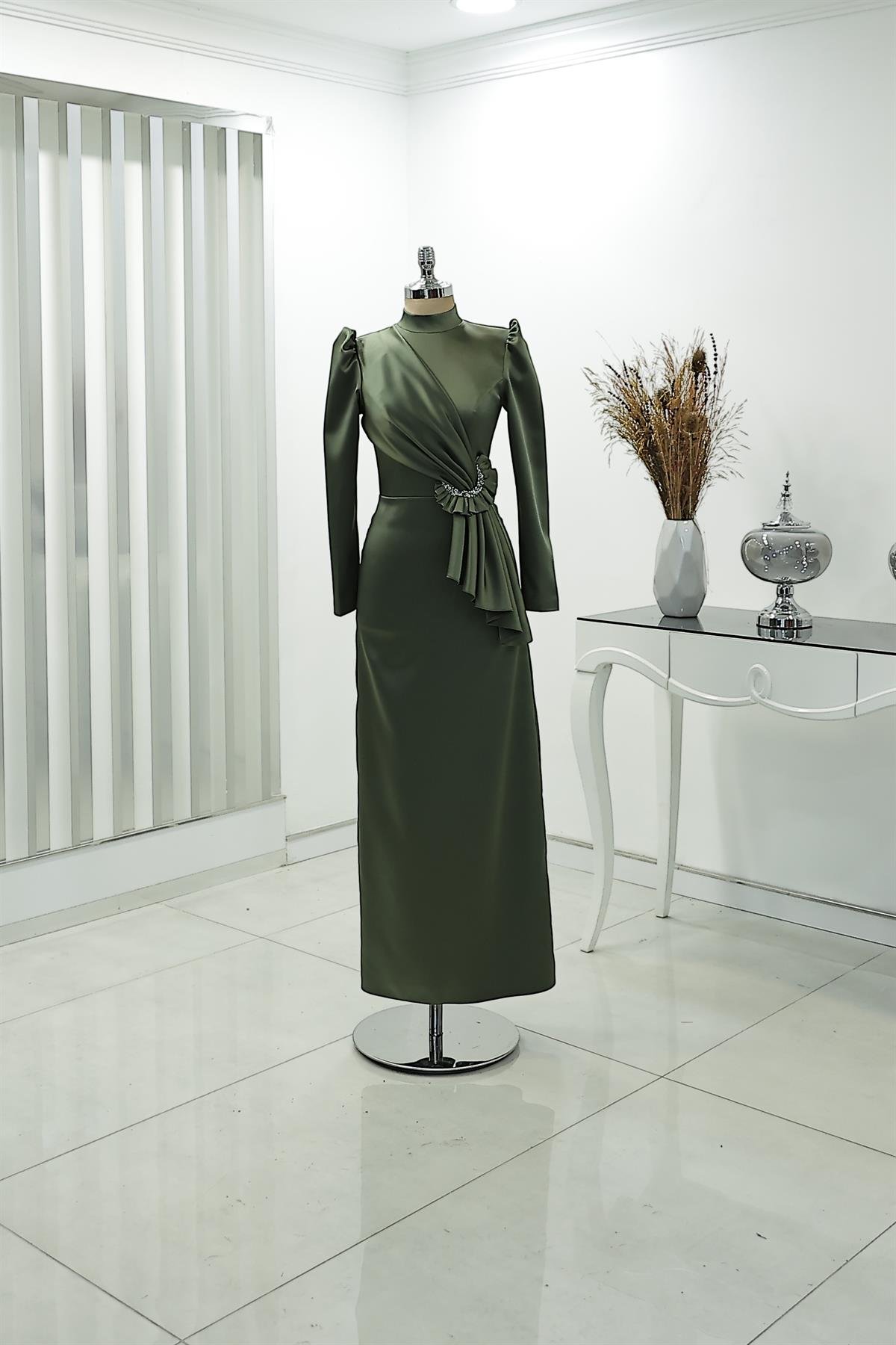 Drape Ve Taş Detaylı Ayşa Kalem Abiye Haki