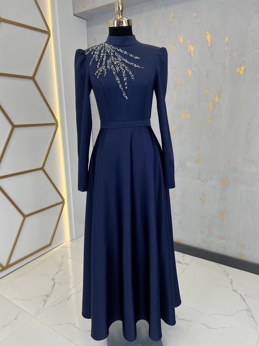Robe de Soirée Hijab Détaillée Épaule Mina Bleu Marine