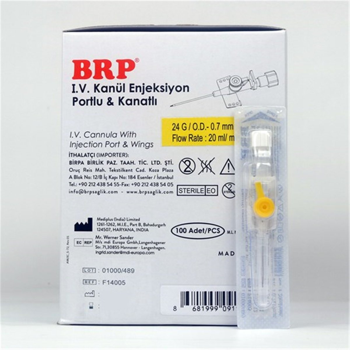 Brp Branül (intraket) Sarı (24G) 100'lü Paket