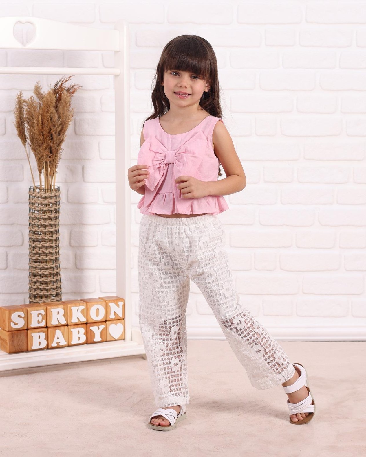SER-0835Kız Çocuk Crop Dantel Pantolon Takım 0835