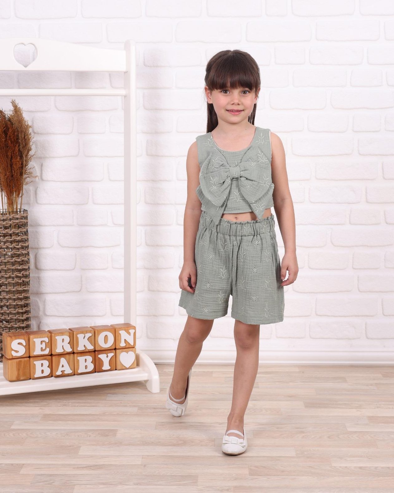 SER-0875Serkon Kız Crop Muslin Şort Takım SER-0875