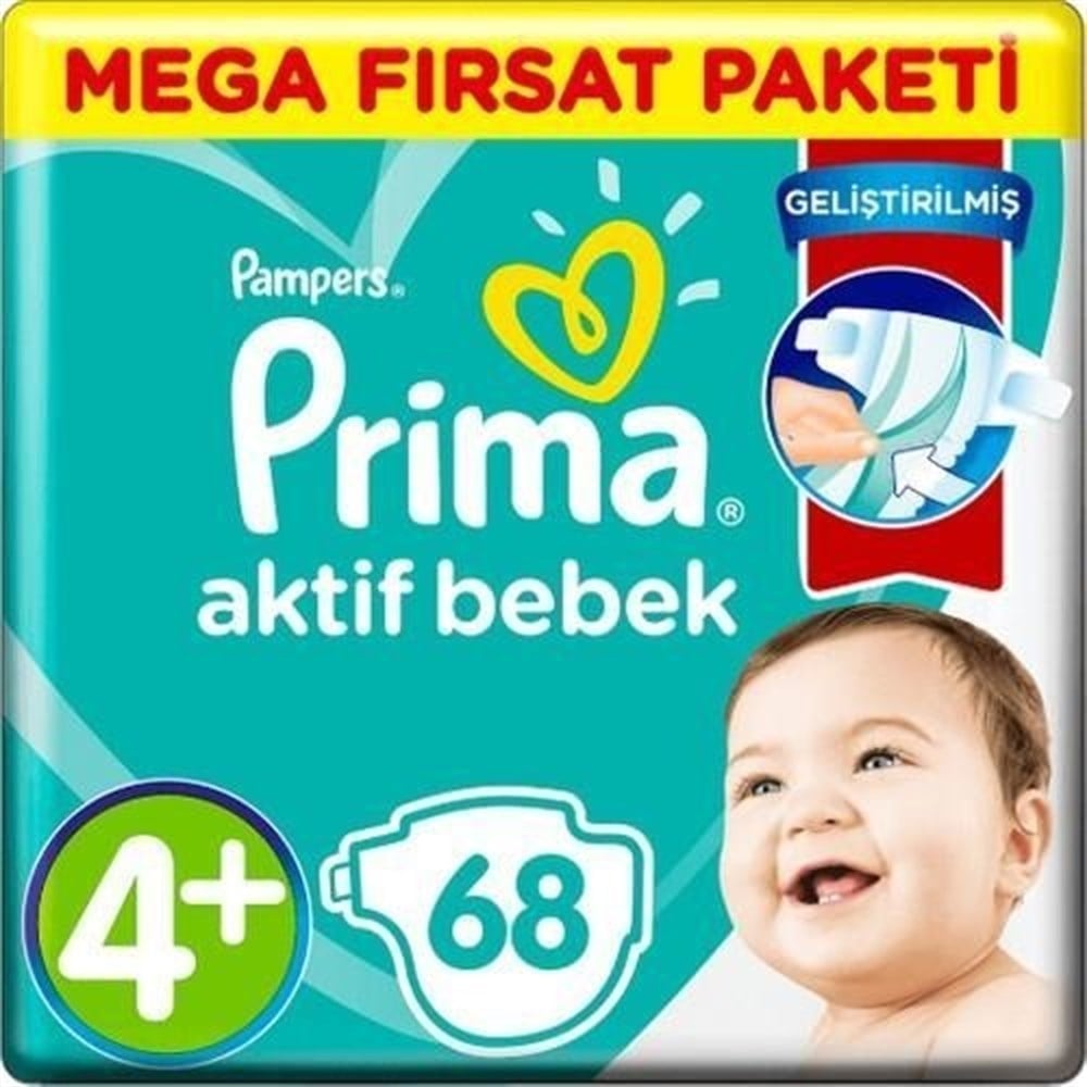 PRI-8438Prima Bebek Bezi Aktif Bebek 4+ Beden 68 Adet Mega Fırsat Paketi