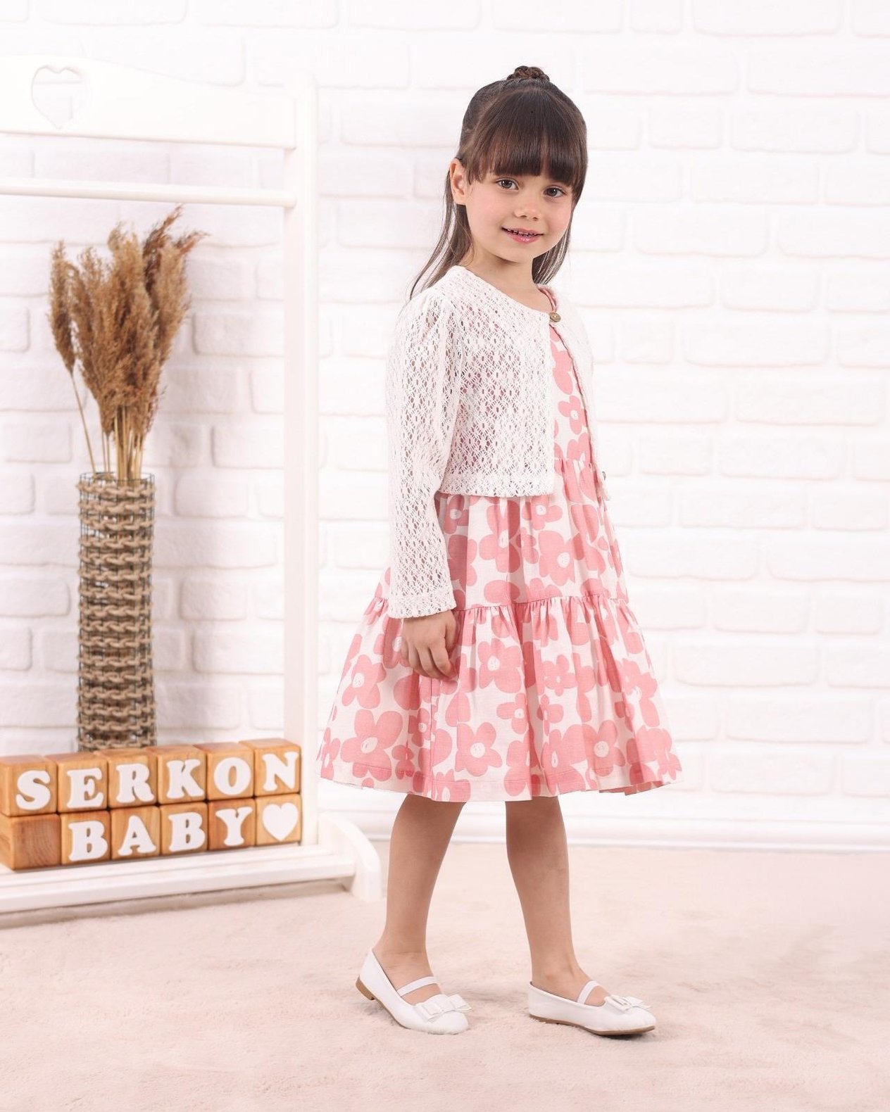SER-0838Kız Çocuk Papatya Baskılı Ceketli Bayramlık Elbise 0838