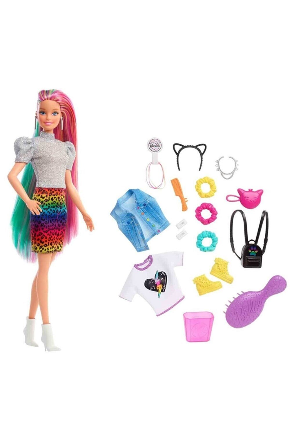 MATE-GRN81Barbie GRN81 Leopar Desenli Saçlar Oyun Seti