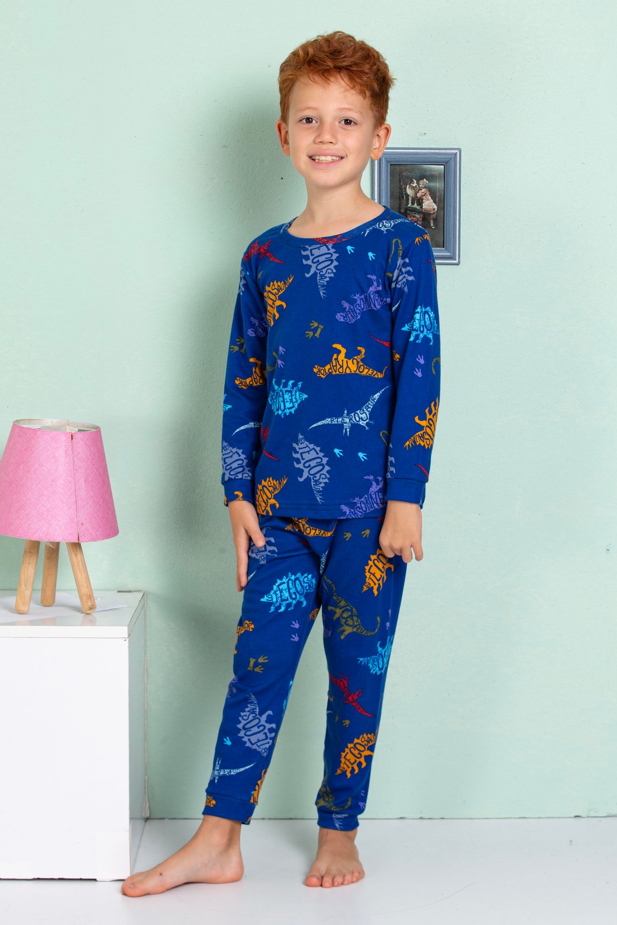 ELM-3063Erkek Çocuk Dinazor Desenli Uzun Kollu Pijama Takımı