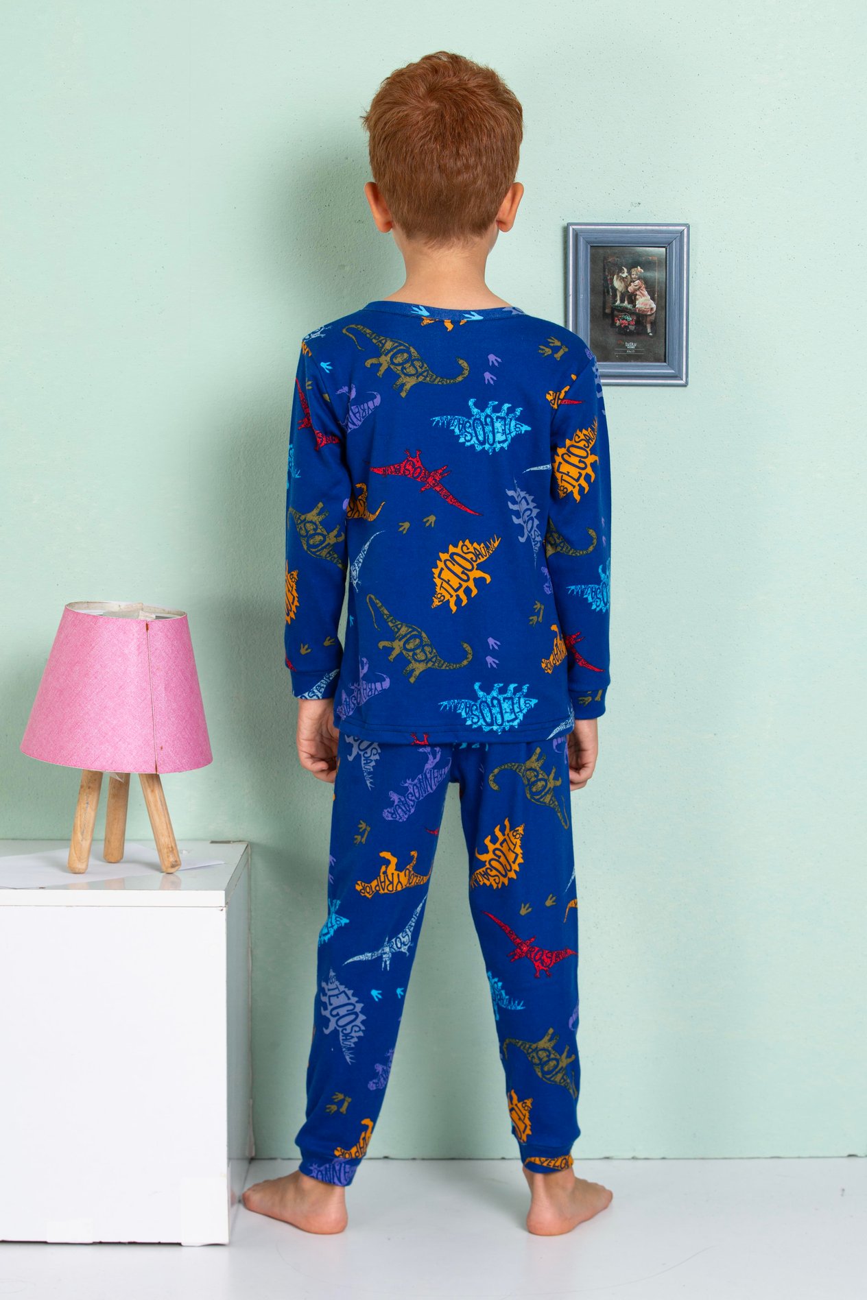 ELM-3063Erkek Çocuk Dinazor Desenli Uzun Kollu Pijama Takımı