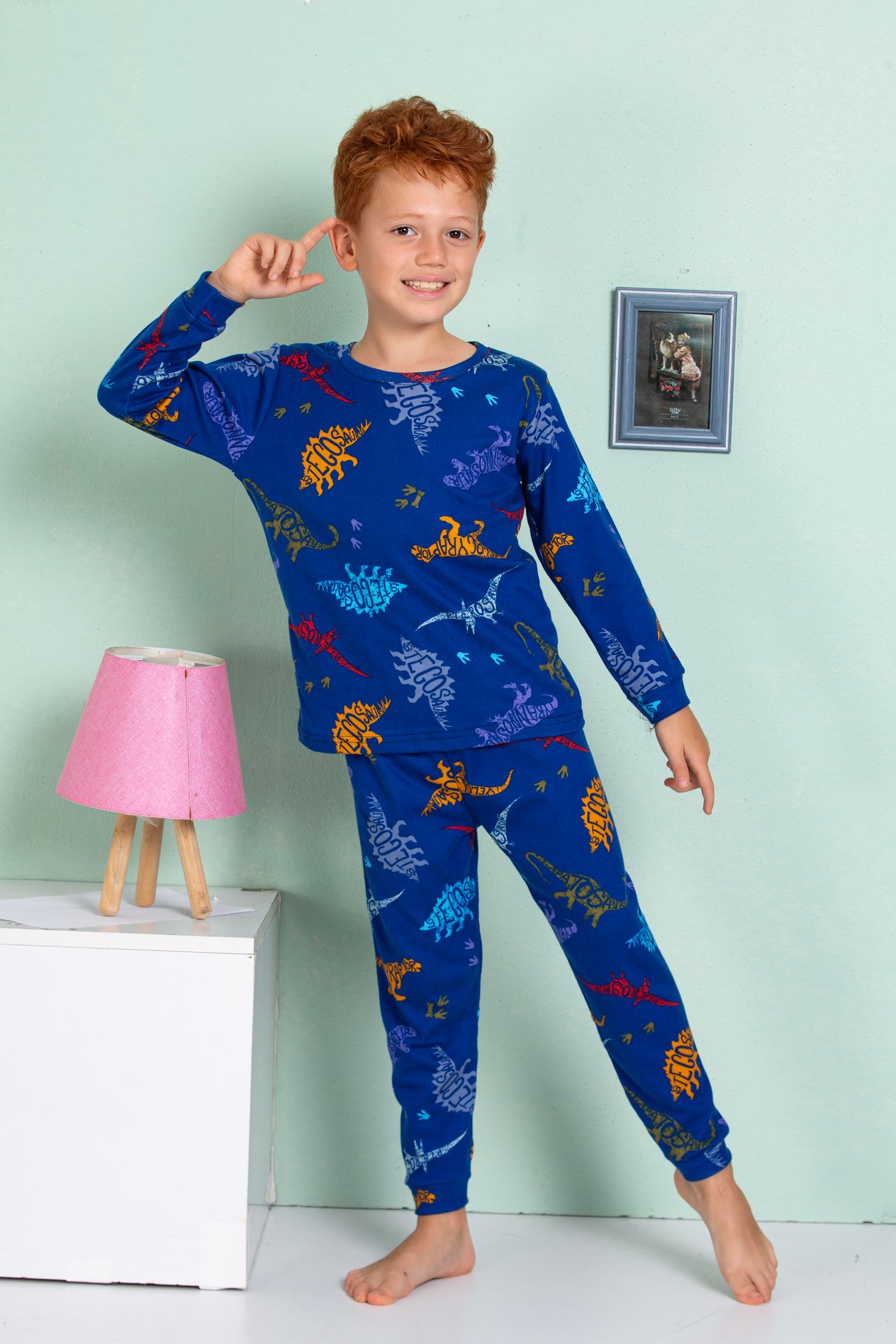ELM-3063Erkek Çocuk Dinazor Desenli Uzun Kollu Pijama Takımı