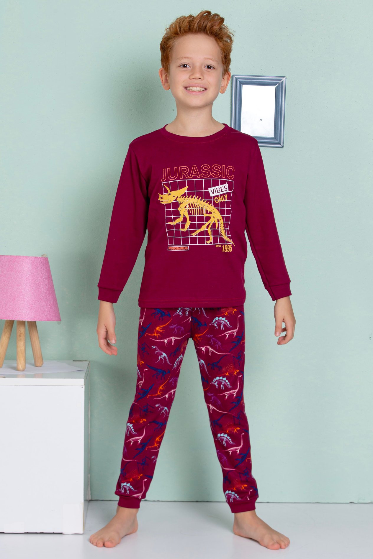 ELM-3069Erkek Çocuk Dinazor Desenli Uzun Kollu Pijama Takımı