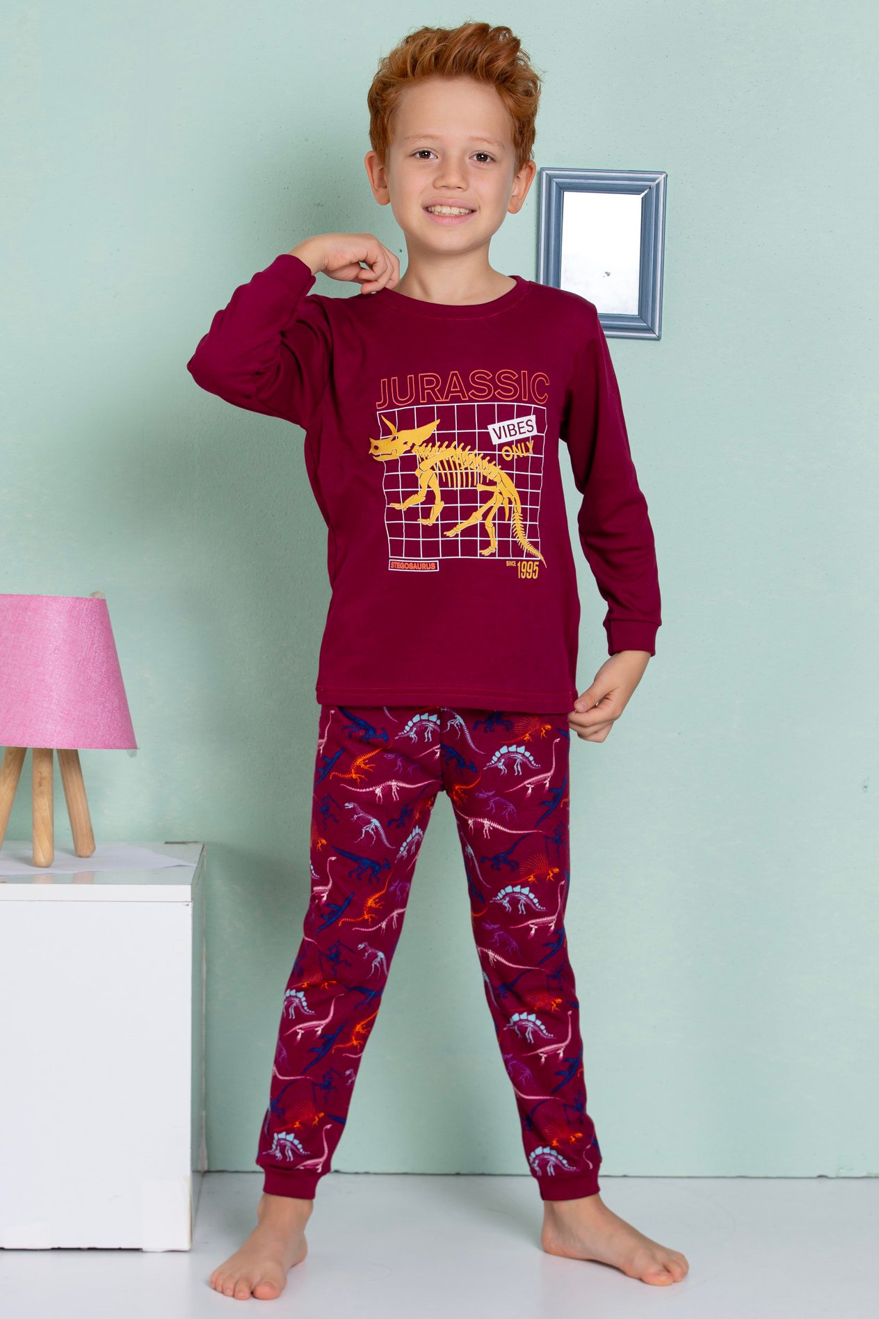 ELM-3069Erkek Çocuk Dinazor Desenli Uzun Kollu Pijama Takımı
