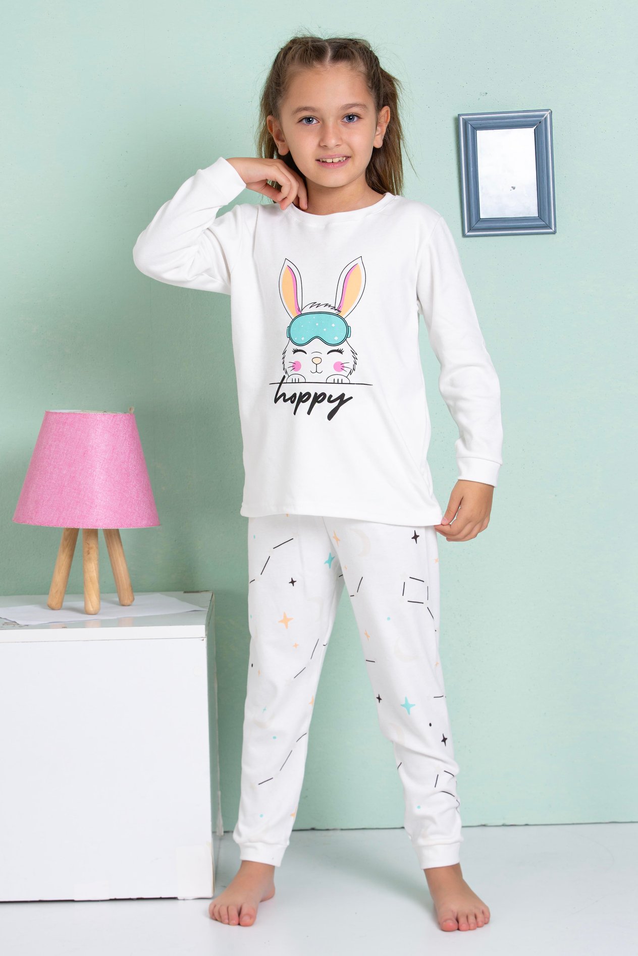 ELM-4069Kız Çocuk Tavşan Desenli Uzun Kollu Pijama Takımı