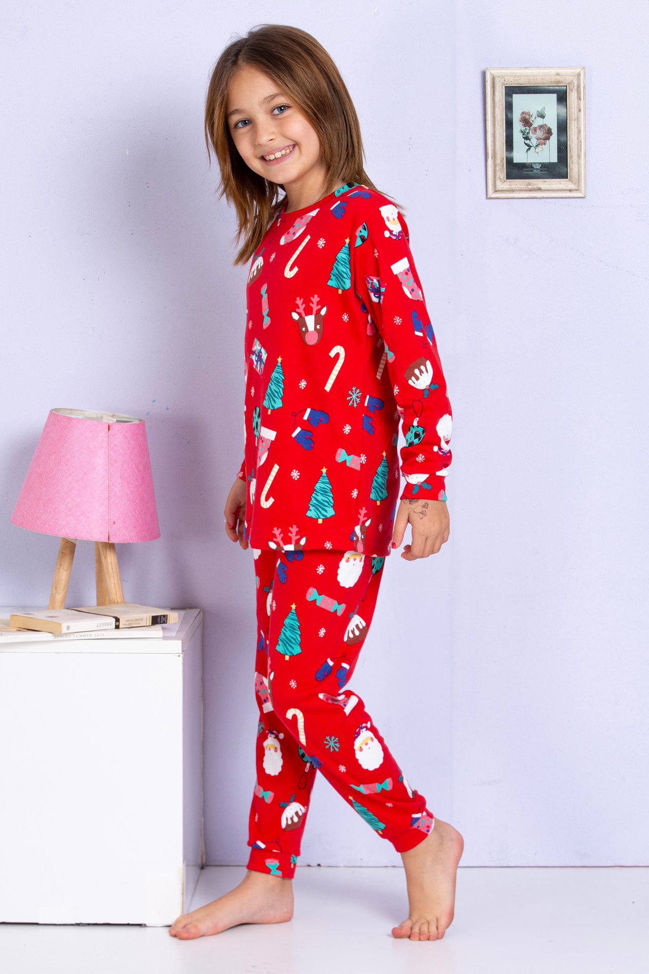 ELM-4074Kız Çocuk Yeni Yıl Yılbaşı Noel Temalı Kırmızı Pijama Takımı