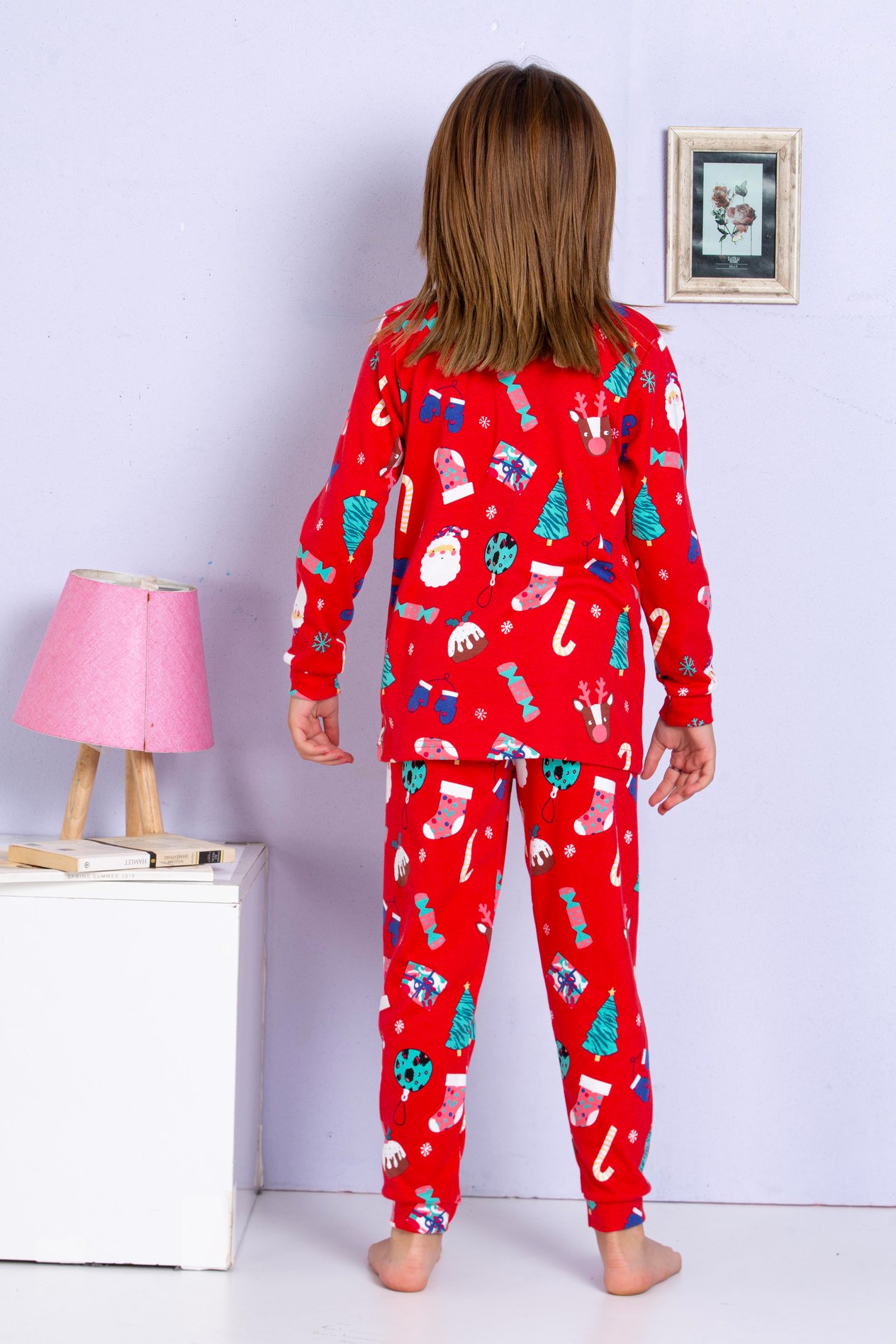 ELM-4074Kız Çocuk Yeni Yıl Yılbaşı Noel Temalı Kırmızı Pijama Takımı