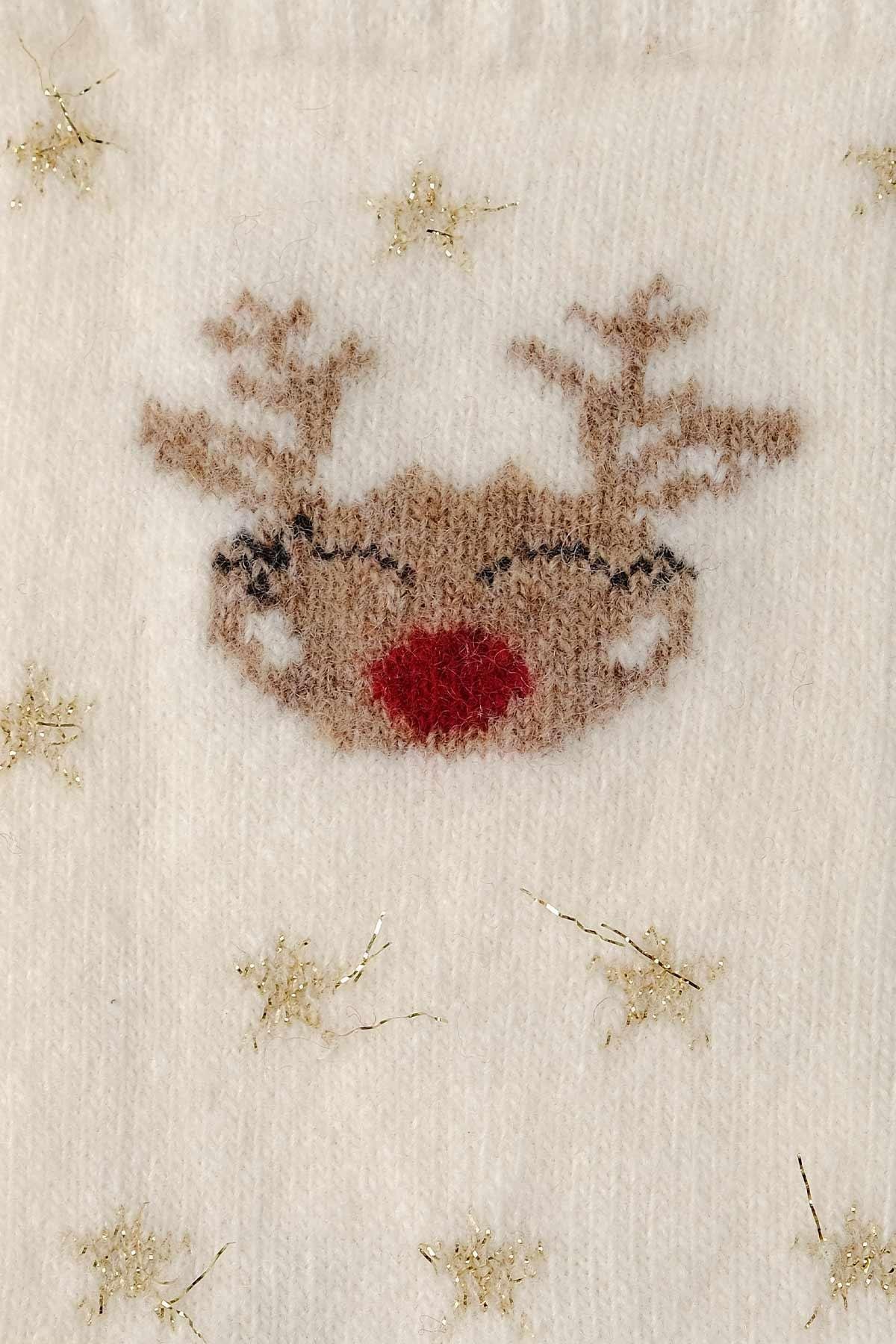 Aytuğ Kadın Kuzu Yünü (Lambswool) Tekli Ekru Yılbaşı Temalı Çorap A 49005 E