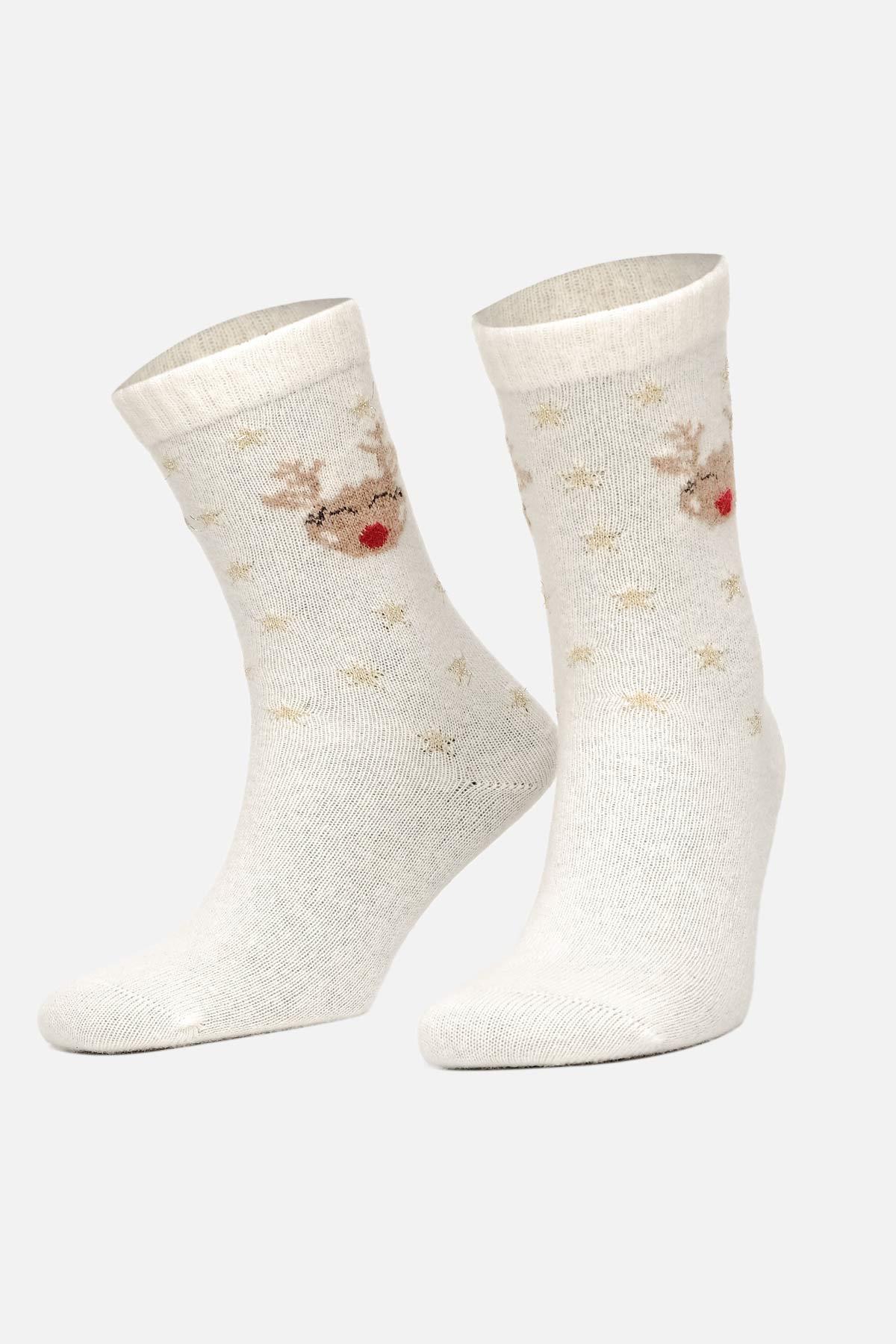 Aytuğ Kadın Kuzu Yünü (Lambswool) Tekli Ekru Yılbaşı Temalı Çorap A 49005 E