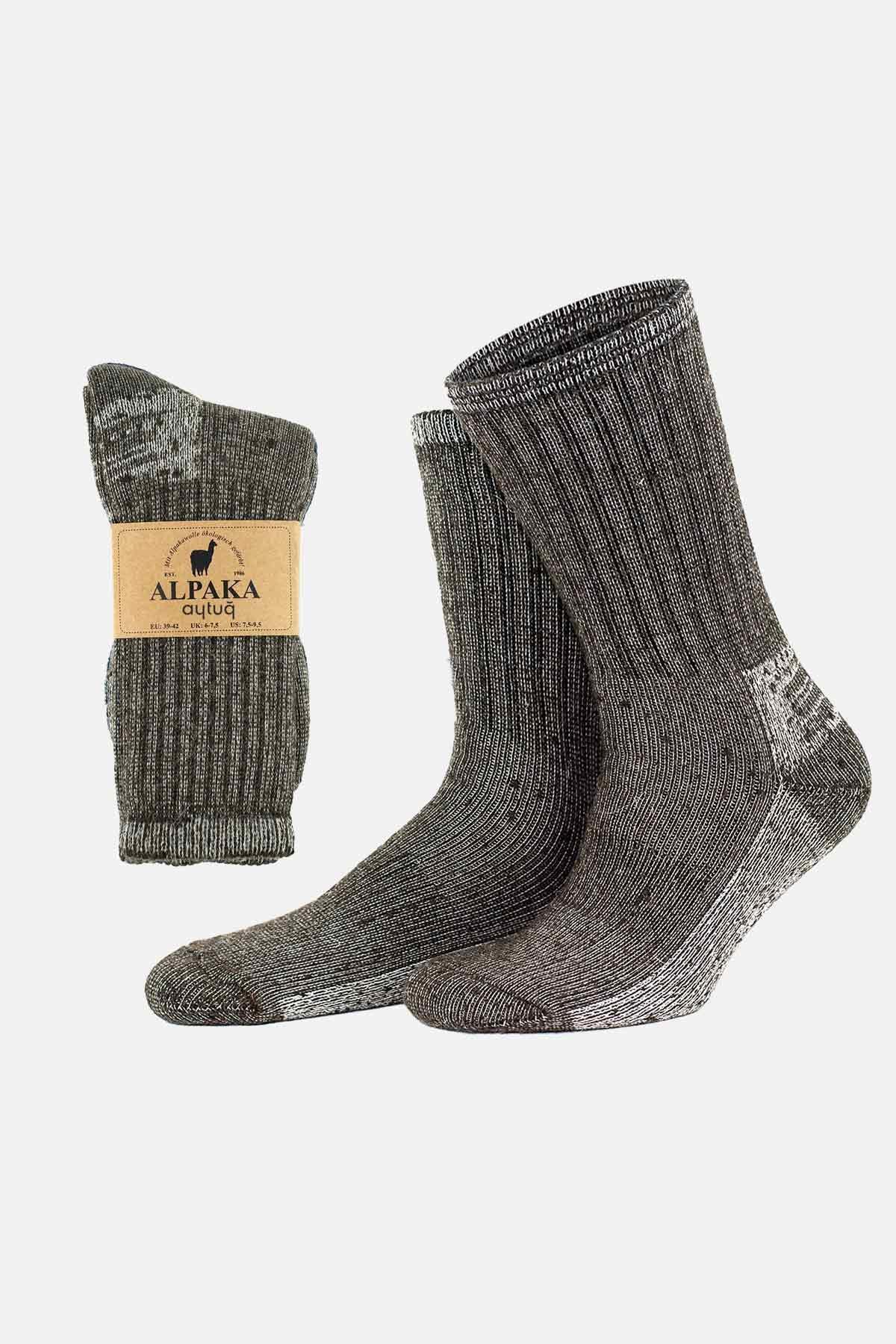 Aytuğ Unisex Alpaka Yünü Havlu Kışlık Kahve/Ekru Soket Çorap - A-6006