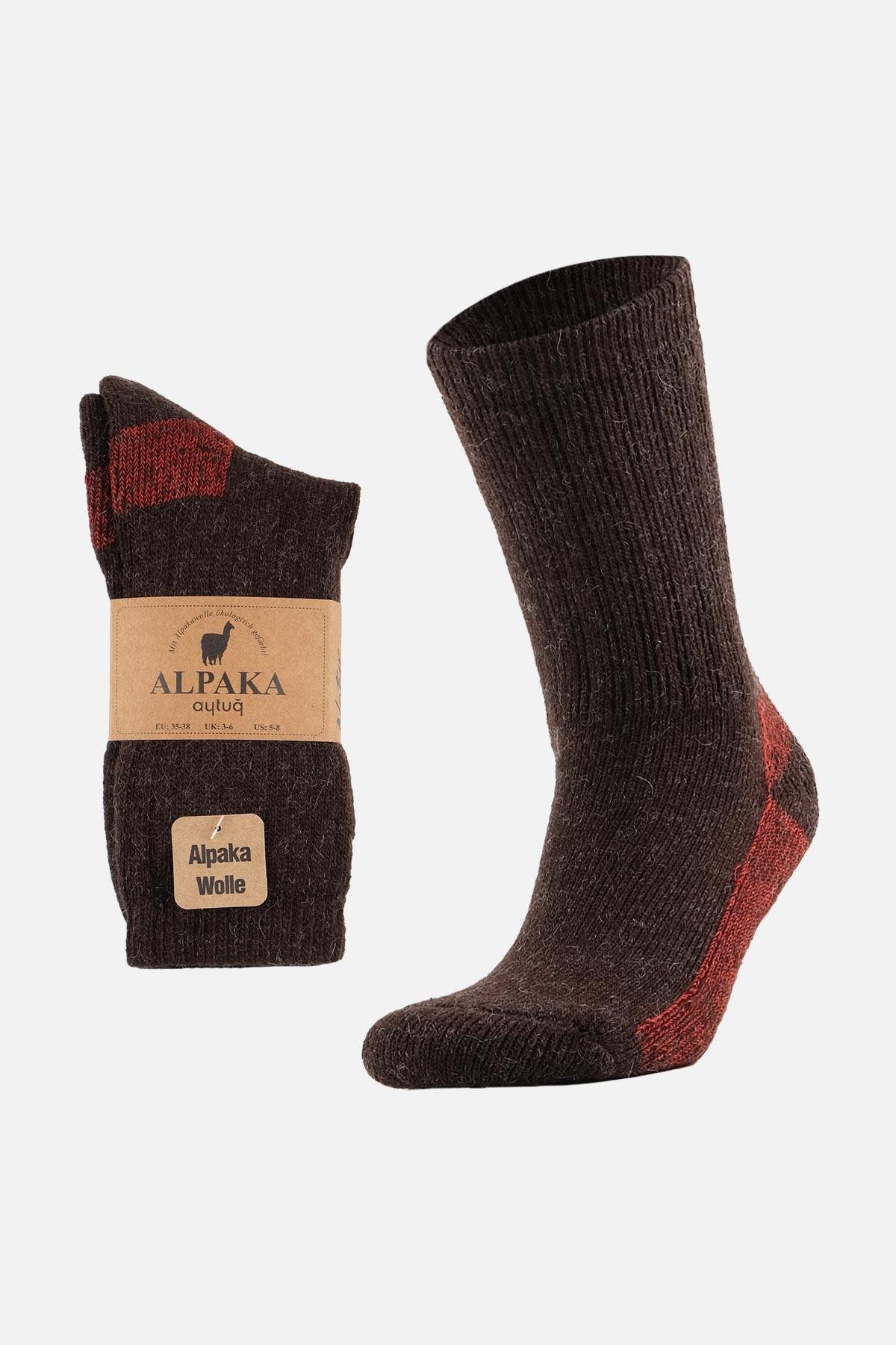 Aytuğ Unisex Alpaka Yünü Havlu Kışlık Kahve/Kırmızı Soket Çorap   A 6005