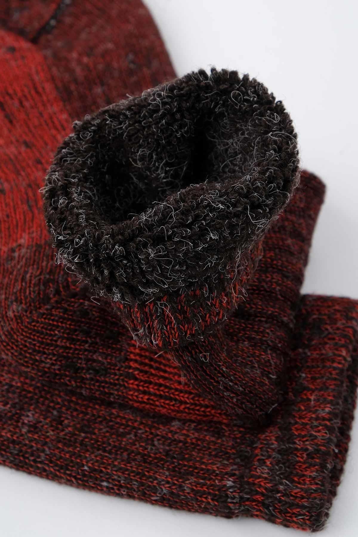 Aytuğ Unisex Alpaka Yünü Havlu Kışlık Kahve/Kırmızı Soket Çorap   A 6006
