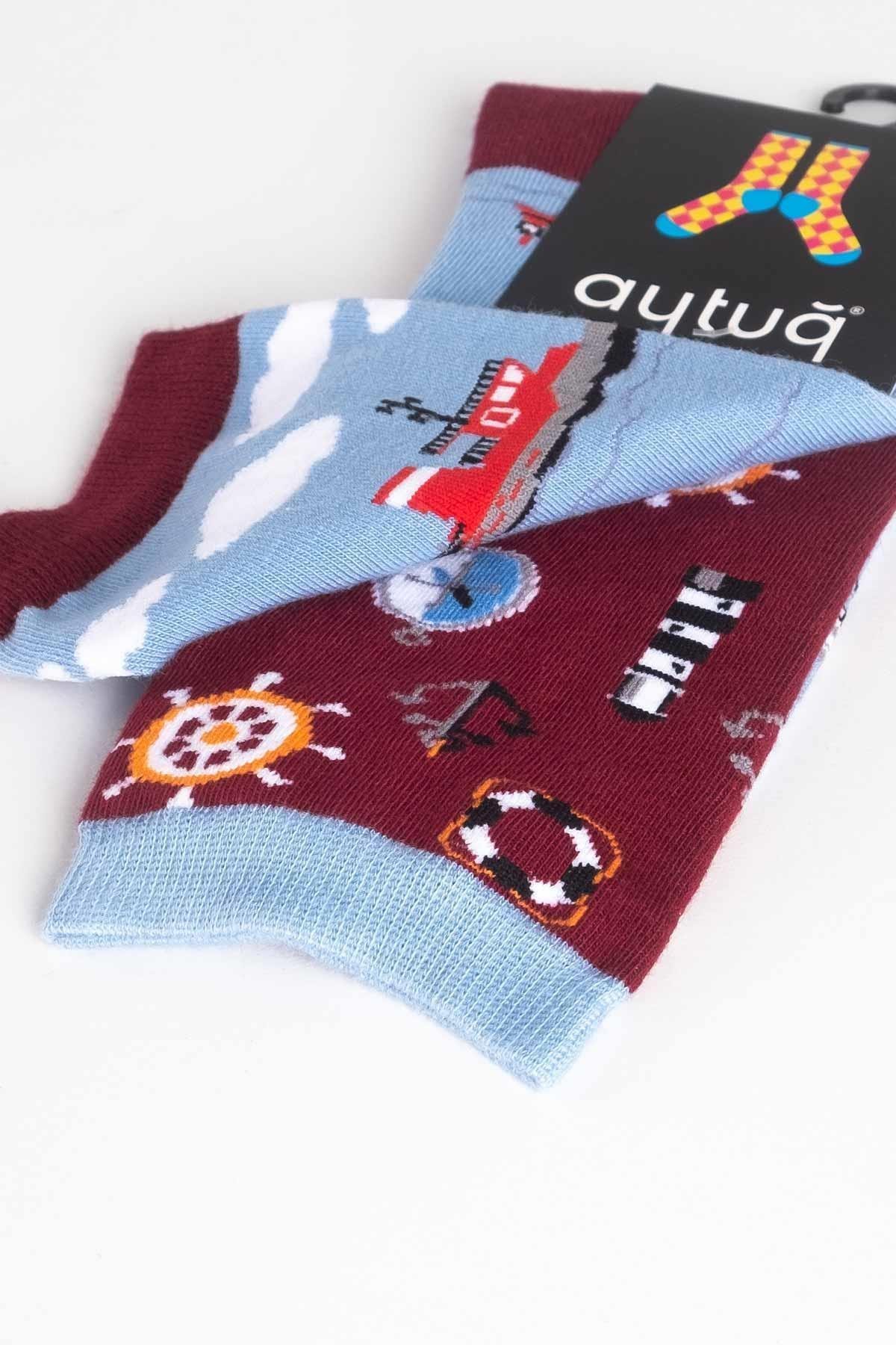 Aytuğ Unisex Pamuklu Denizci Desenli Eğlenceli 3 Çift Soket Çorap