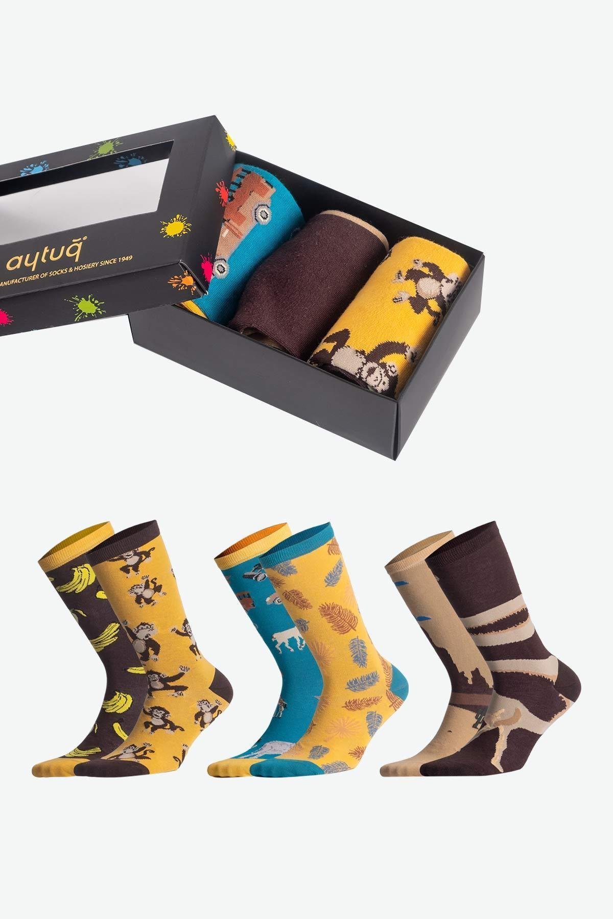 Aytuğ Unisex Pamuklu 3 Çift Hayvan Desenli Eğlenceli Soket Çorabı