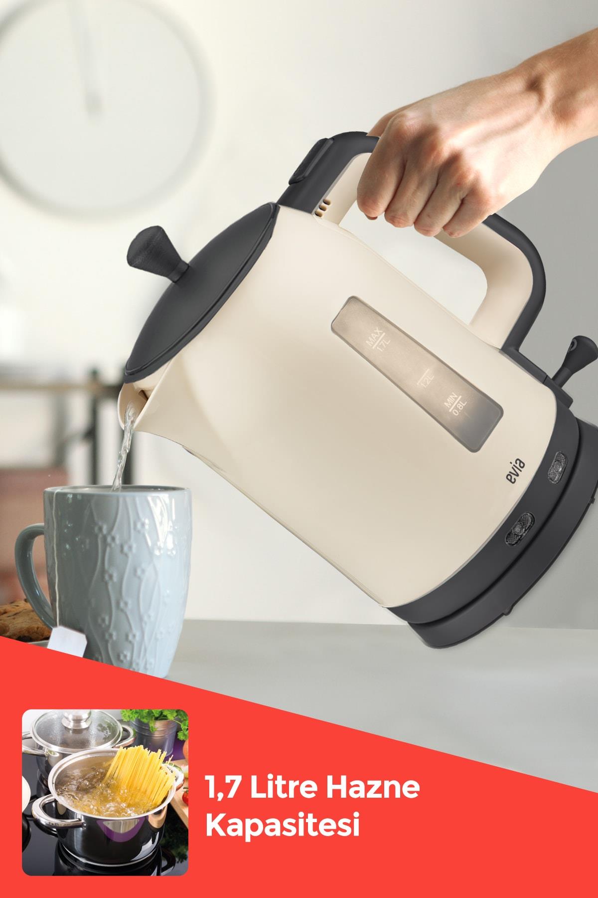 Evia Çayzade Krem 2200 Watt Bpa İçermeyen Çay Makinesi ve Su Isıtıcısı