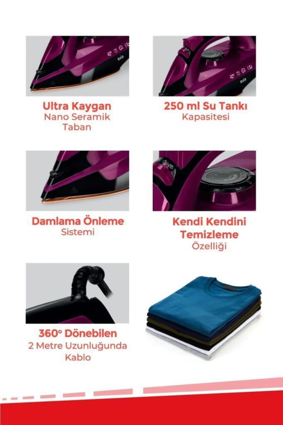 Evia Jett 2200 Watt Seramik Tabanlı Şok Buharlı Ütü Siyah Mor